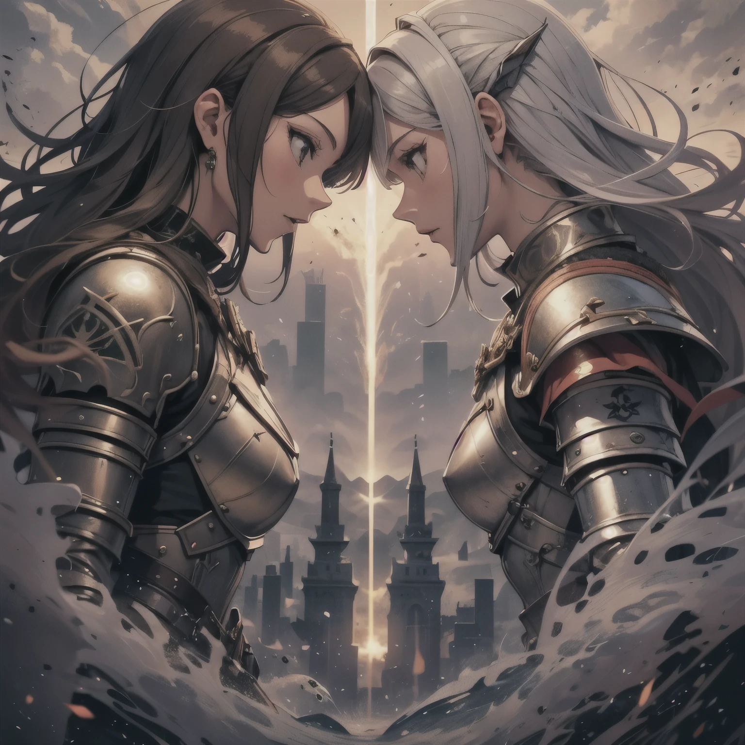 （Romantic、Innocent、𝓡𝓸𝓶𝓪𝓷𝓽𝓲𝓬、venture、bold、Tourism elements、Tyndall effect）,Duel between 2 knights，they are enemies，armor，armor连衣裙,anger，Kill each other，looking into each other&#39;s eyes，background battlefield，arms，(looking into each other&#39;s eyes:1.5，panoramic，whole body)