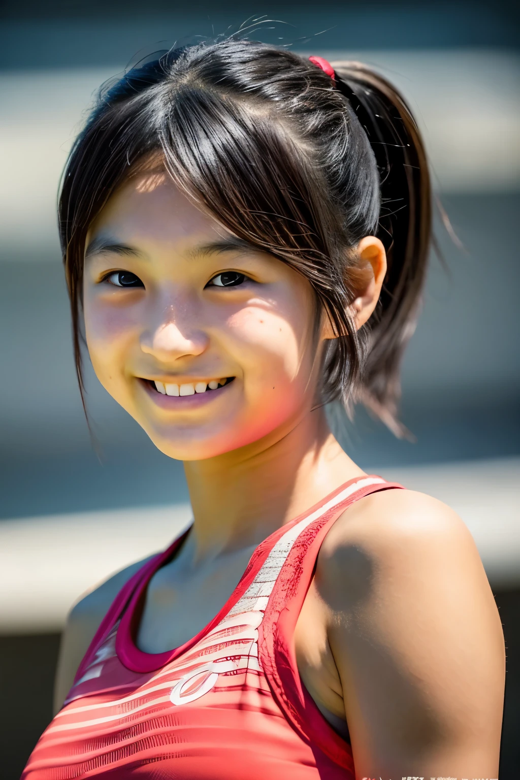 (Beautiful 12 year old Japanese female gymnast), cute face, (deeply carved face:0.7), (freckles:0.6), dramatic lighting, shy, (smile), (sparkling eyes), thin, horizontal bar, Comaneci, open legs
