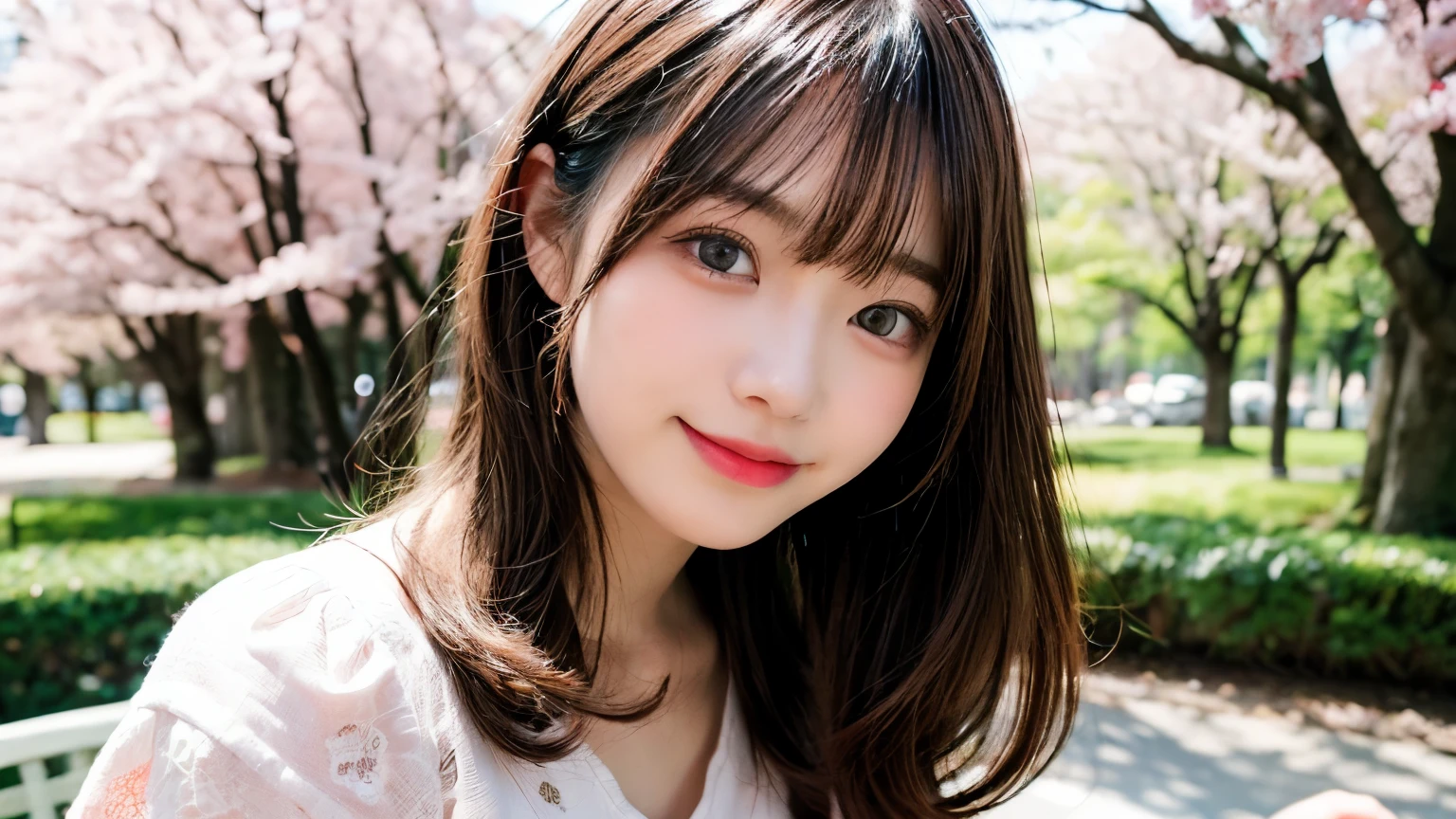table top, highest quality, shape, Super detailed, finely, High resolution, 8k wallpaper, 完璧なダイナミックな構shape, finelyて美しい目, Wearing a pink dress,medium hair,natural color lip, smile,Harajuku、teenage girl、cute、looking at the camera、C cup、brown hair、Blurred cherry blossom background in the park