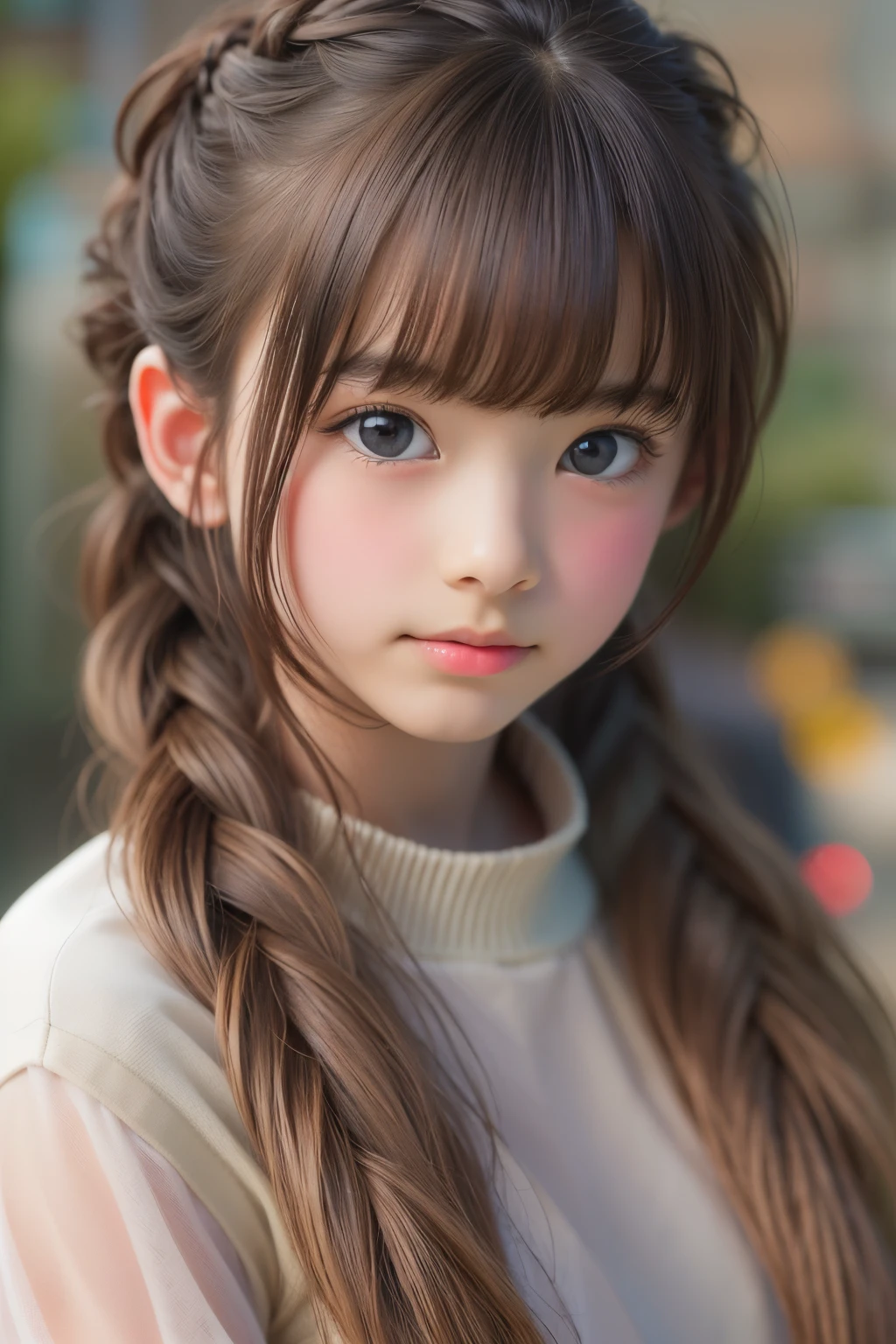 ((sfw: 1.4)), (sfw, braid-hair, 1 Girl)), Ultra High Resolution, (Realistic: 1.4), RAW Photo, Best Quality, (Photorealistic Stick), Focus, Soft Light, ((15 years old)), ((Japanese)), (( (young face))), (surface), (depth of field), masterpiece, (realistic), woman, bangs, ((1 girl))