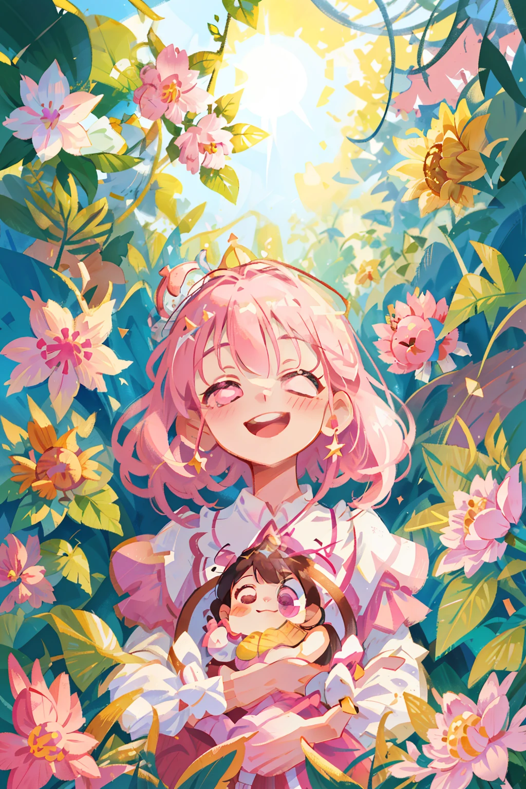 Little princess in a charming garden, radiating happiness, dressed in a frilly pink dress, adorned with floral crown and sparkling jewels, surrounded by blooming flowers, sunshine kissing her fair cheeks, dimples visible as she smiles at the viewer, wand in hand, eyes sparkling with joy and innocence, gentle curls framing her rosy face, pink shoes peeking out from beneath her gown, soft pink lips parted in a captivating grin, eyelashes bathed in the warmth of the sun, blushing delicately under the sweetness of the scene, beauty captured in the tranquility of the moment.