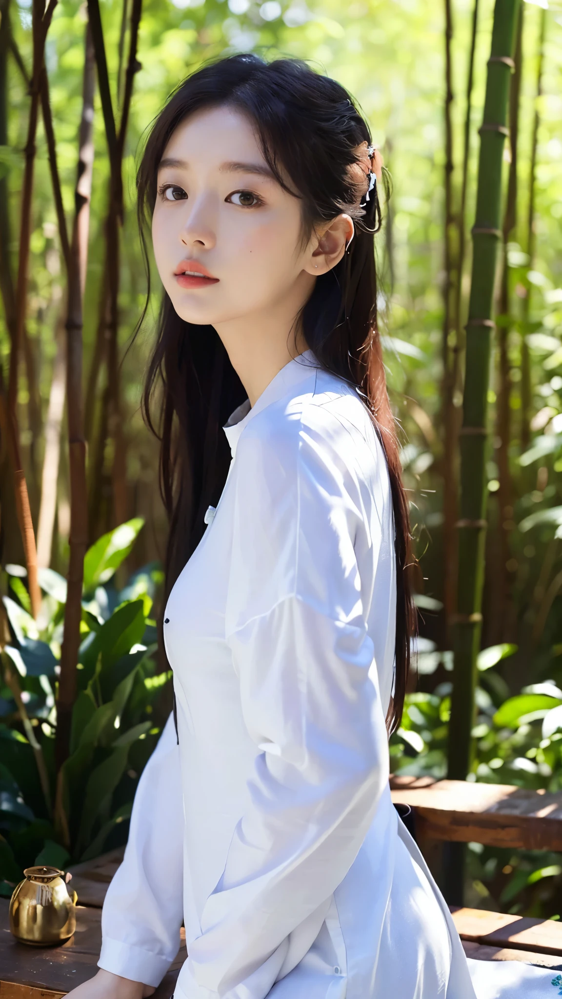 ((best quality, 8 thousand, masterpiece:1.4)), (1 woman), ((very small face:1.3)), masterpiece, best quality, very detailed, illustration, wide angle, alone, In the middle of a vast bamboo forest, whole body, 20's, (Cool tight dress), Panorama, center field, background, naturalistic, figurative, expressive, larger than average breasts,