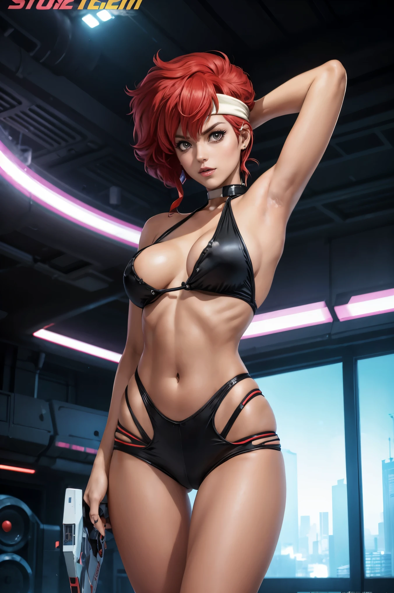 Very skinny Kei from The Dirty Pair, emaciated, wearing a tight bright yellow outfit, skinny frame, skinny legs, medium breast, red hair beauty, cyberpunk city background, holding retro space-gun, headband, slim waist, very slim thighs, very skinny thighs, very thin thighs, very slender thighs, lanky, thigh gap, thigh gap,