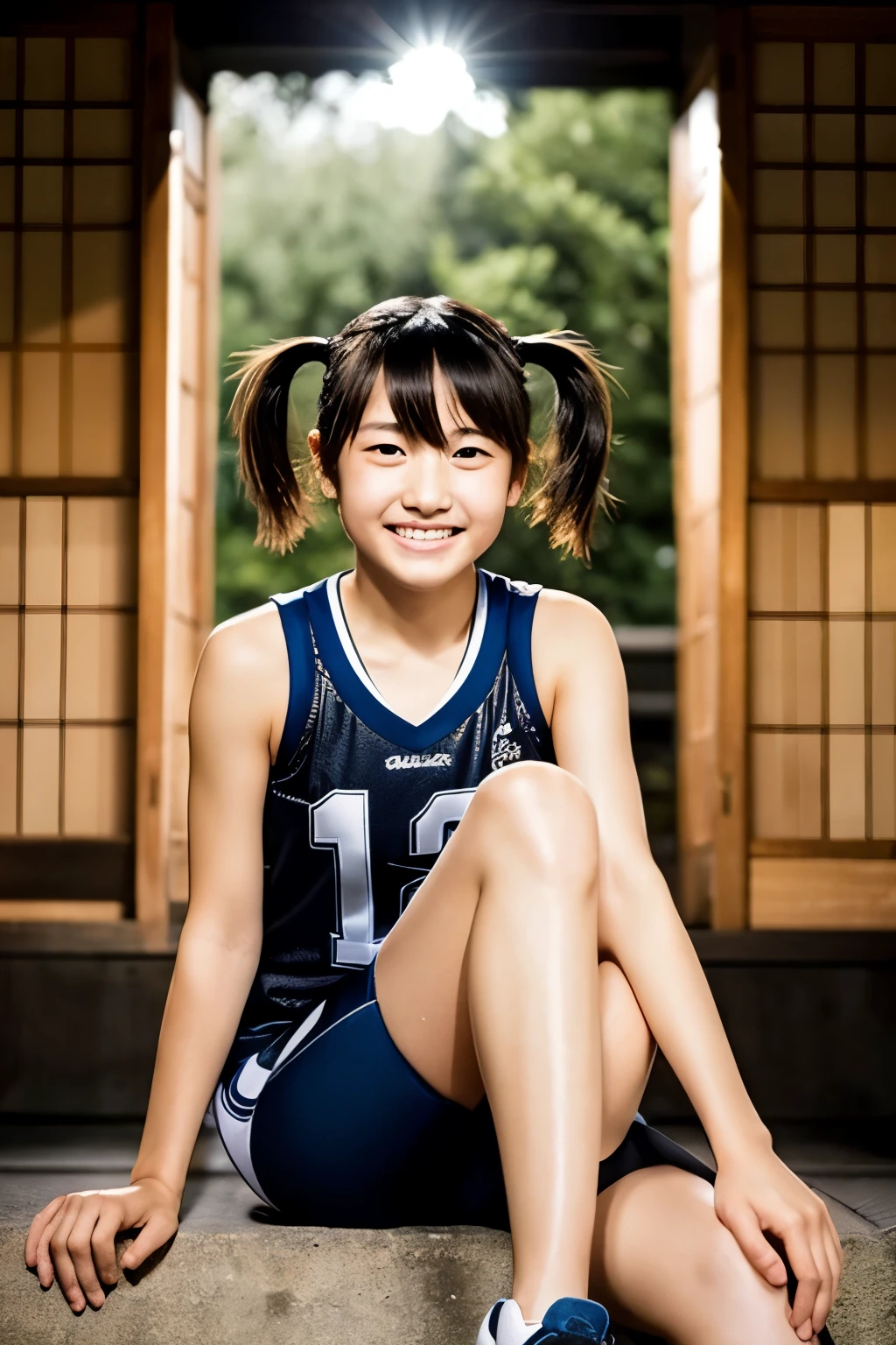 Beautiful  Japanese woman), cute face, (deeply carved face:0.7), (freckles:0.6), dramatic lighting, shy, pony tail, (smile), (sparkling eyes), slender, Athletics, sitting, spread legs