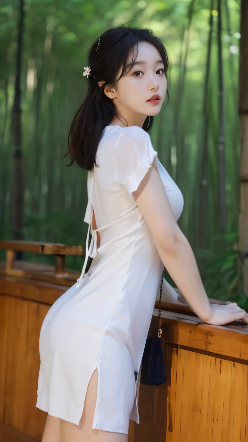 ((best quality, 8 thousand, masterpiece:1.4)), (1 woman), ((very small face:1.3)), masterpiece, best quality, very detailed, illustration, wide angle, alone, In the middle of a vast bamboo forest, whole body, 20's, (Cool tight dress:1.5), Panorama, center field, background, naturalistic, figurative, expressive, larger than average breasts,