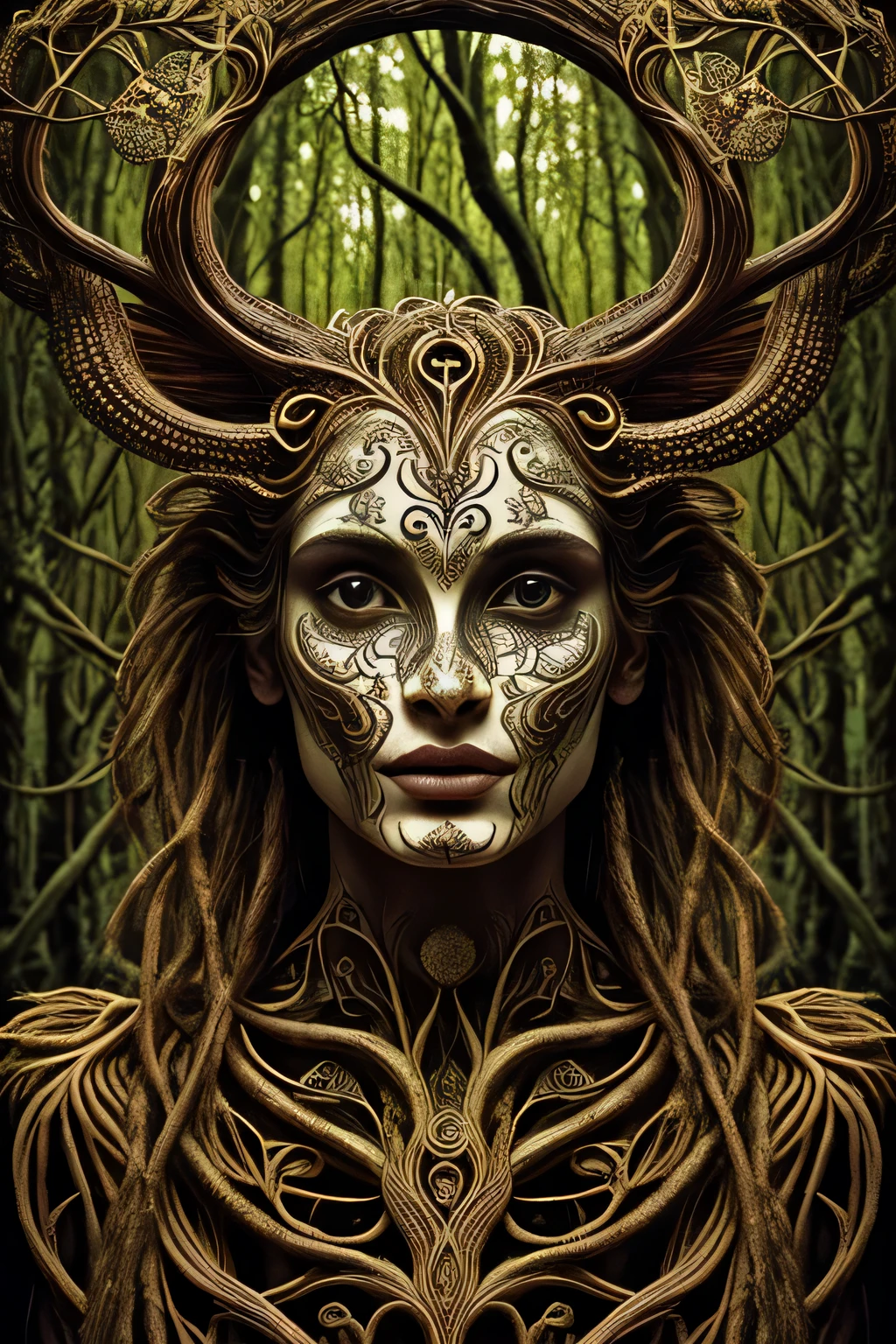 woman in a mythical forest, masterpiece, perfect face, intricate details, horror theme