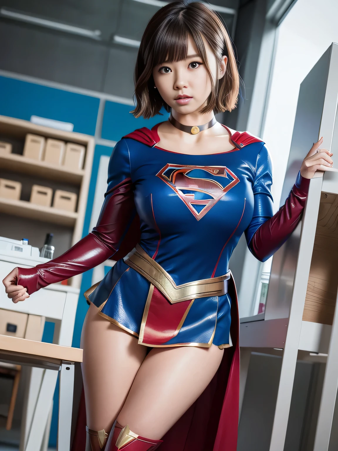 masterpiece、supergirl costume、short hair、Large and busty body type、test subject、Crisis situation、Research room、Experimental facility、Research room、research facility、graduate school、choker、long sleeve、red mini skirt、looking at camera、Weekly magazine cover、barefoot