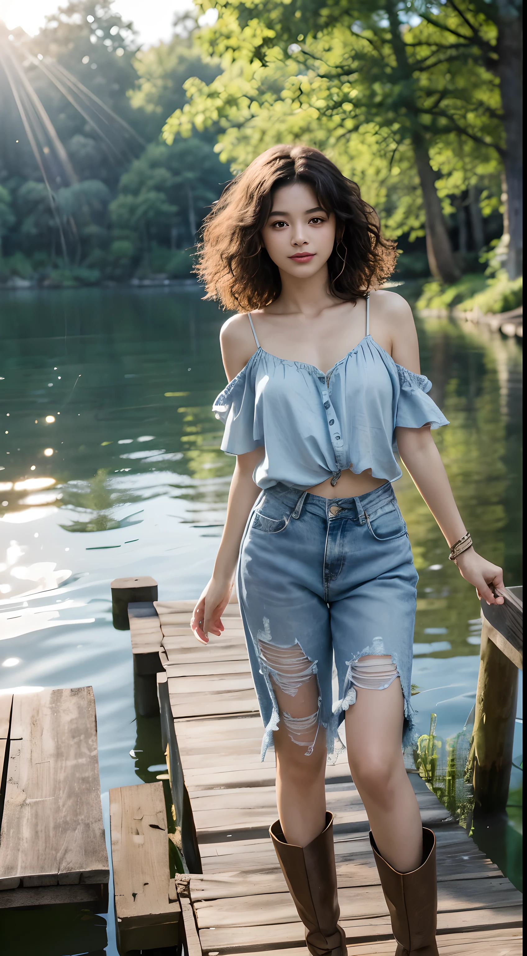 Generate a digital image of a beautiful Latina woman with short, curly hair, relaxing on a wooden dock overlooking a tranquil lake.
She wears ripped boyfriend jeans that roll up at the ankles and a flowy, light blue chambray shirt tied loosely at the waist.
Complement the look with a pair of brown leather boots and a silver charm bracelet.
The background should be a picturesque natural scene with a crystal-clear lake reflecting the blue sky and lush greenery surrounding the dock.
Use a close-up shot that captures her relaxed expression and effortless style.
Enhance the image with a warm sun flare peeking through the trees and a soft, hazy glow around her.