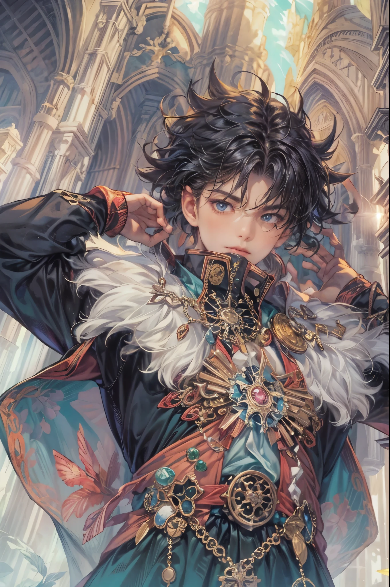 ((Best quality)), ((masterpiece)), (detailed), ((perfect face)), ((halfbody)) handsome face, male, teen boy,  perfect proportions , a character from anime legend of mana teardrop crystal, obsidian hair, short hair, male version , gnostic church of domina scene, gnostic church of domina background, gnostic ghibli scenery background 