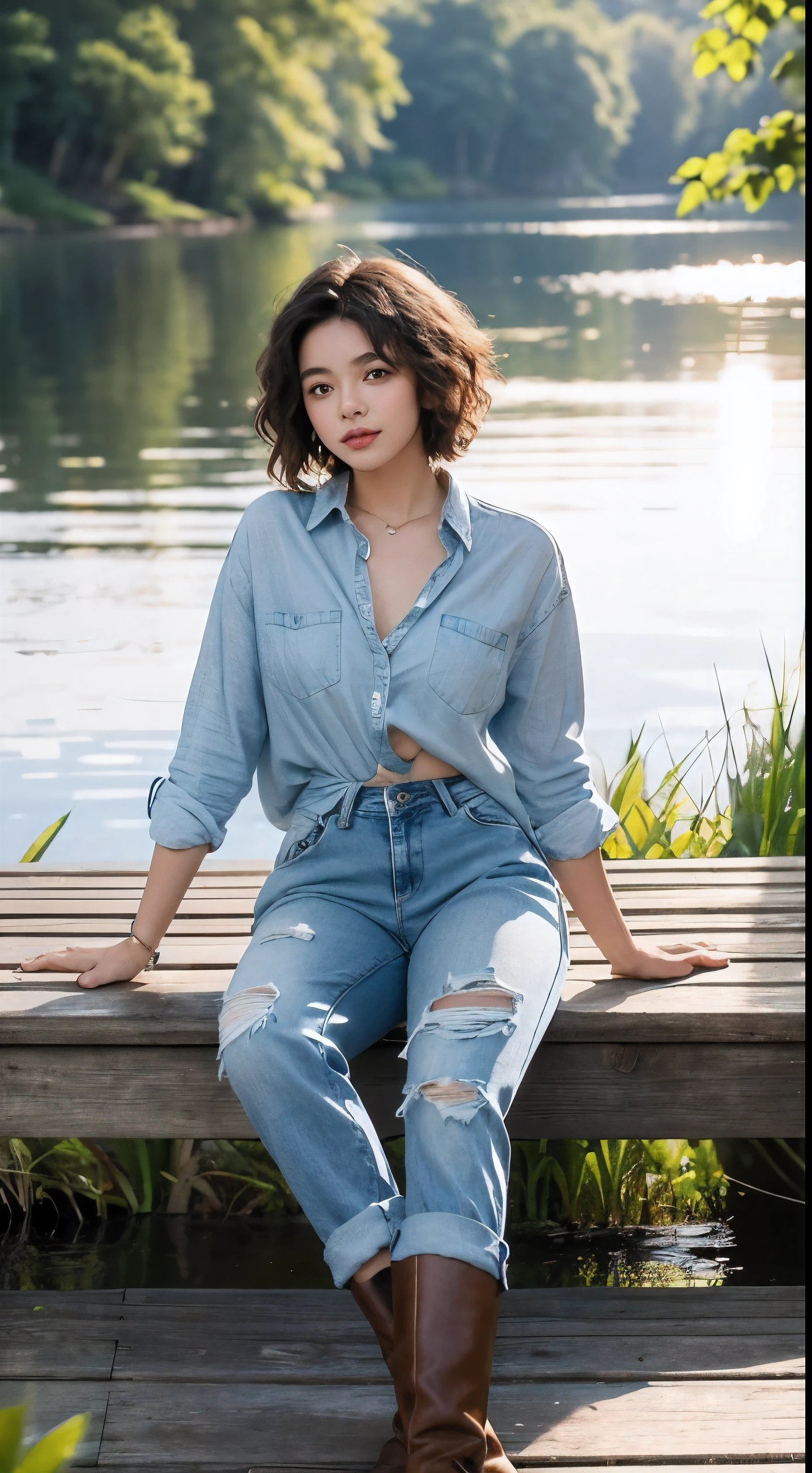 Generate a digital image of a beautiful Latina woman with short, curly hair, relaxing on a wooden dock overlooking a tranquil lake.
She wears ripped boyfriend jeans that roll up at the ankles and a flowy, light blue chambray shirt tied loosely at the waist.
Complement the look with a pair of brown leather boots and a silver charm bracelet.
The background should be a picturesque natural scene with a crystal-clear lake reflecting the blue sky and lush greenery surrounding the dock.
Use a close-up shot that captures her relaxed expression and effortless style.
Enhance the image with a warm sun flare peeking through the trees and a soft, hazy glow around her.