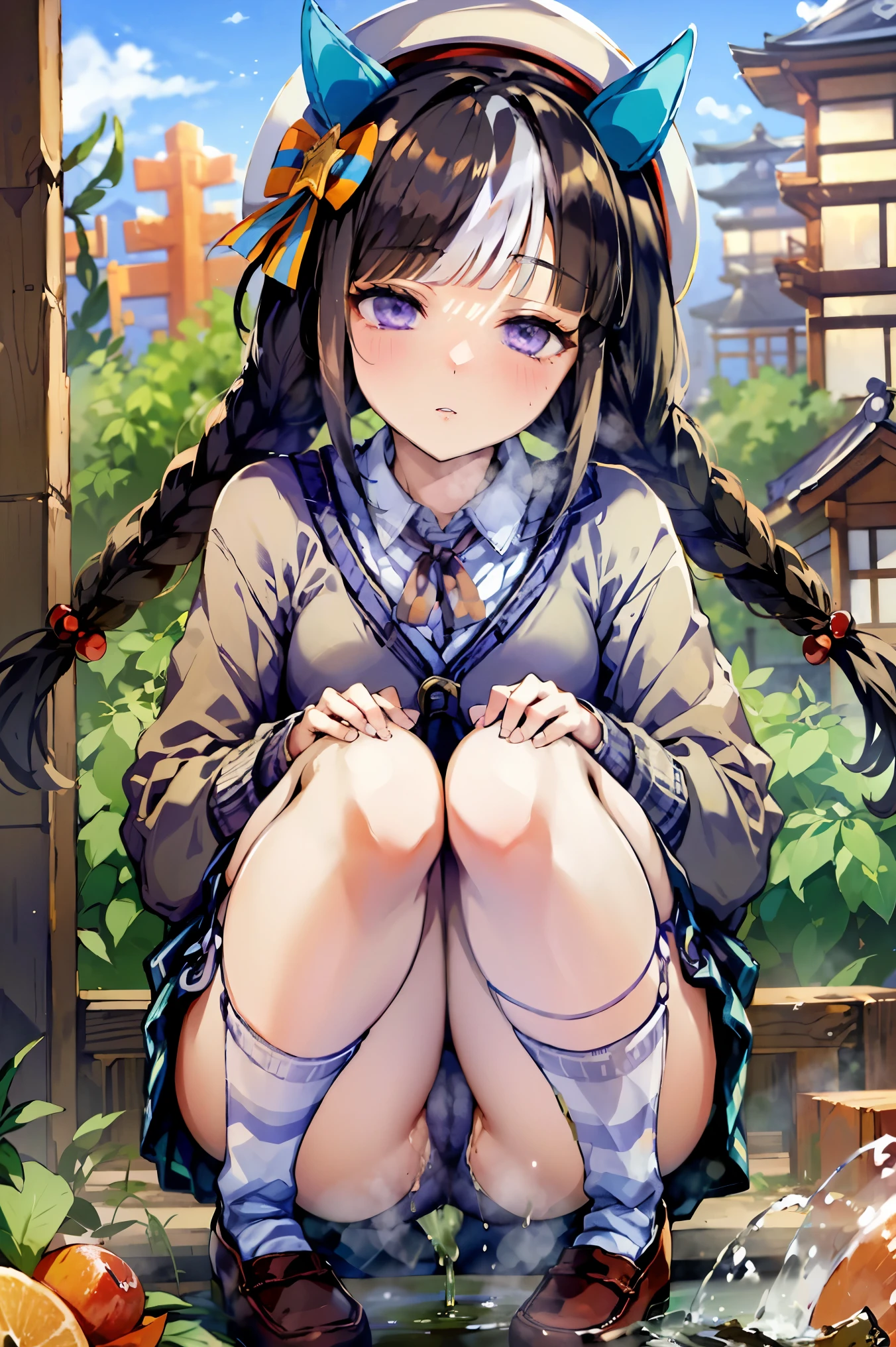 （squatting）, （pussy）, （（urinating））, cute girl,
purple eyes, half closed eyes,
underwear, solo focus, shoes, blunt bangs, loafers, kilt skirt, , purple eyes, 1girl, blush, cardigan, white legwear, socks,（ Japanese style toilet,）（（Pee））（nsfw）