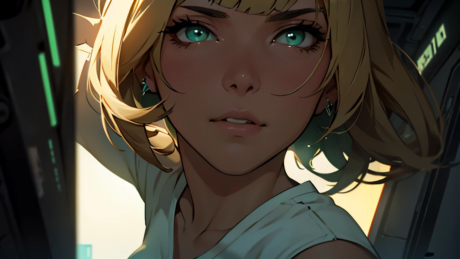 a woman with a shortcut looking forward, beautiful blade runner woman with beautiful light green eyes, blunt bangs falling on her forehead, with bangs, with full bangs, dark blonde hair, in a white blouse with a black bra neckline, full body, in a pose sexy