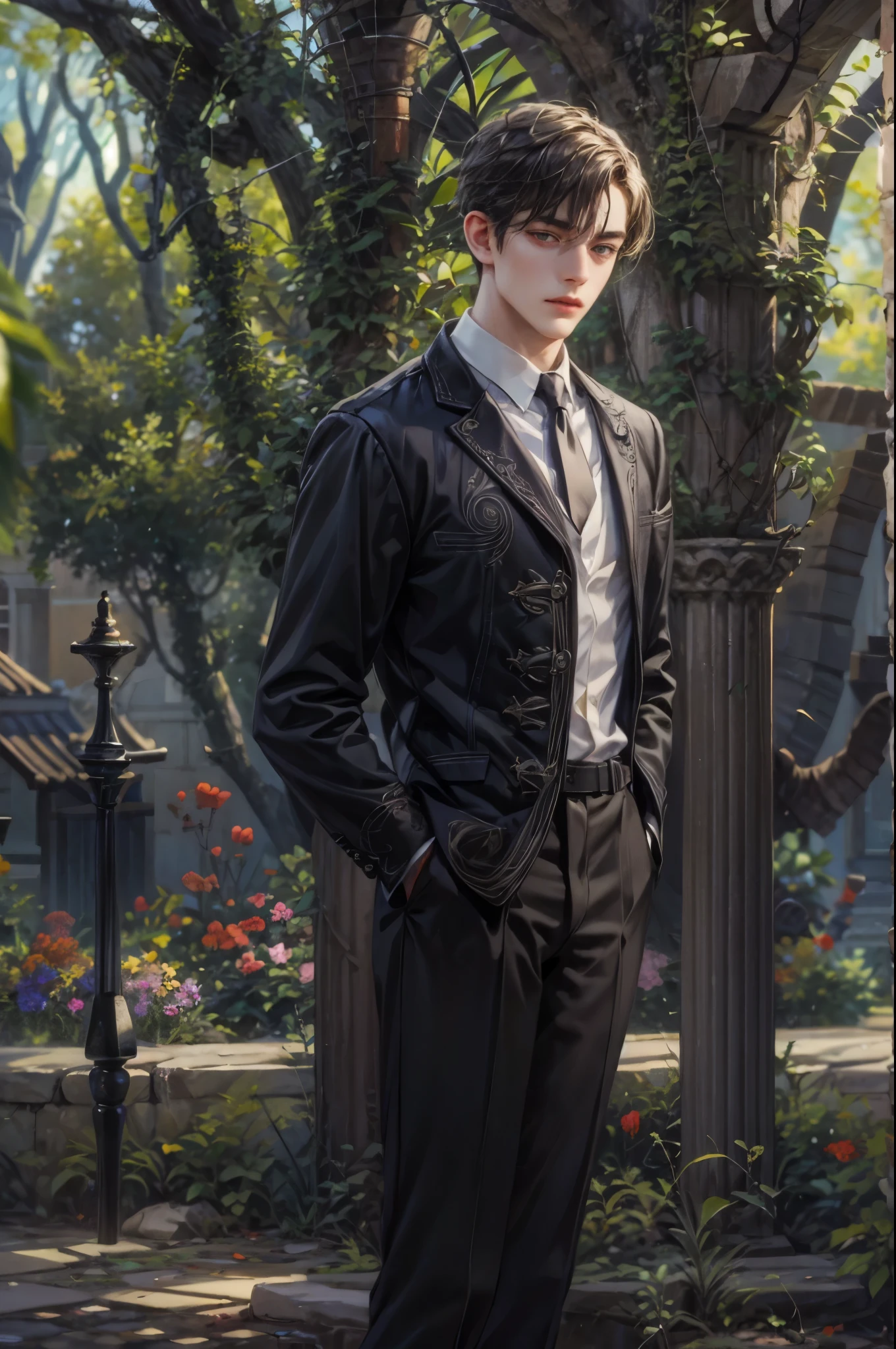 ((Best quality)), ((masterpiece)), (detailed), ((perfect face)), ((halfbody)) handsome face, male, teen boy,  perfect proportions , a male version character from the addams family, short hair, male version, detailed background, detailed scenery background 