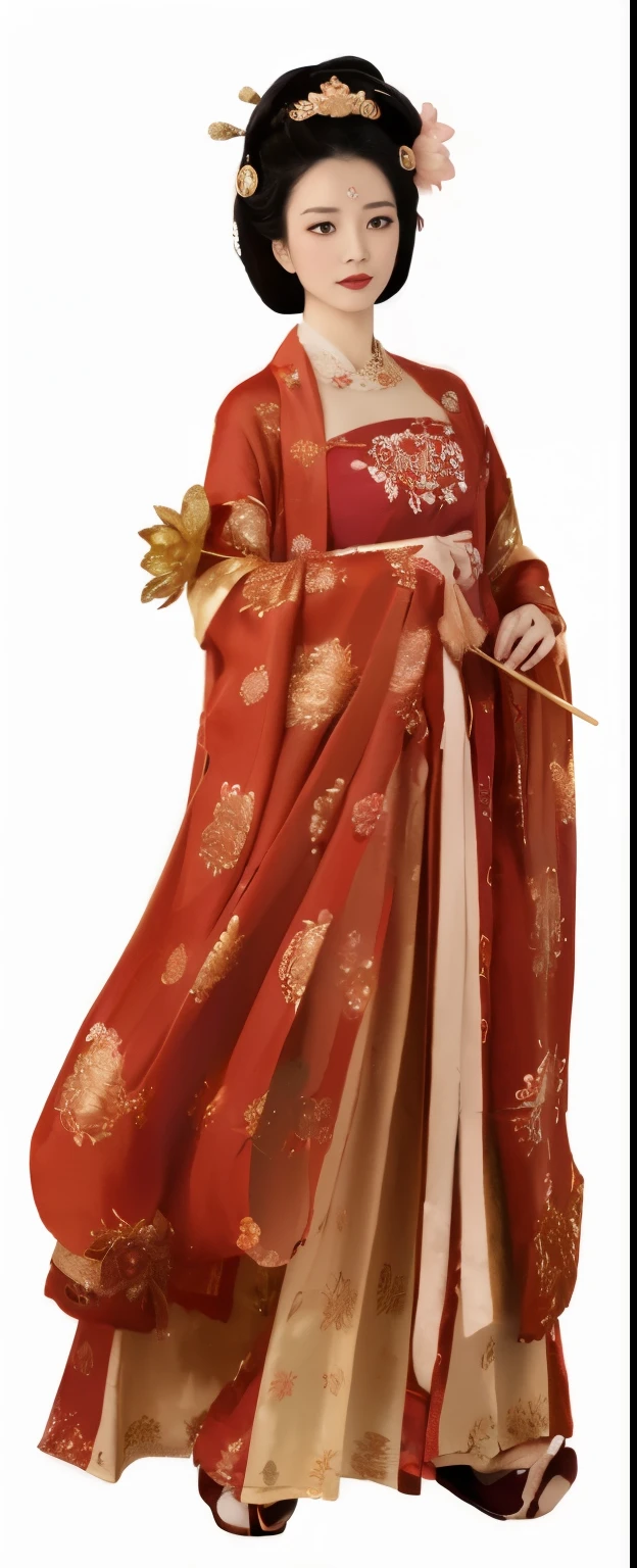 a woman in a red and gold dress and hat with a flower in her hand, hanfu, wearing ancient chinese clothes, chinese costume, ancient chinese princess, inspired by Tang Di, traditional chinese clothing, palace , a girl in hanfu, ao dai, ancient asian dynasty princess, tang dynasty, traditional tai costume, wearing a luxurious silk cloak