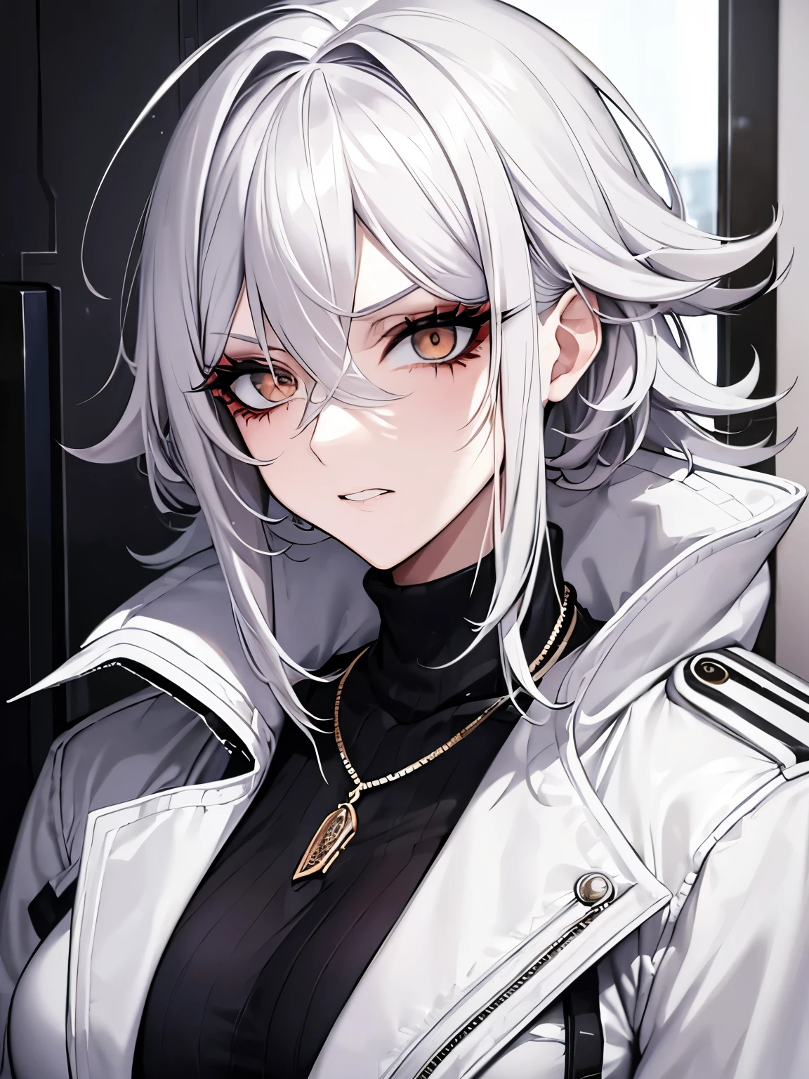 woman, white hair, messy hair, bedhead, bedhair,  white jacket, black turtleneck, necklace, smoky eyes, eyeshadow, eyeliner, eyelashes, arrogant grin, indoors, mascara