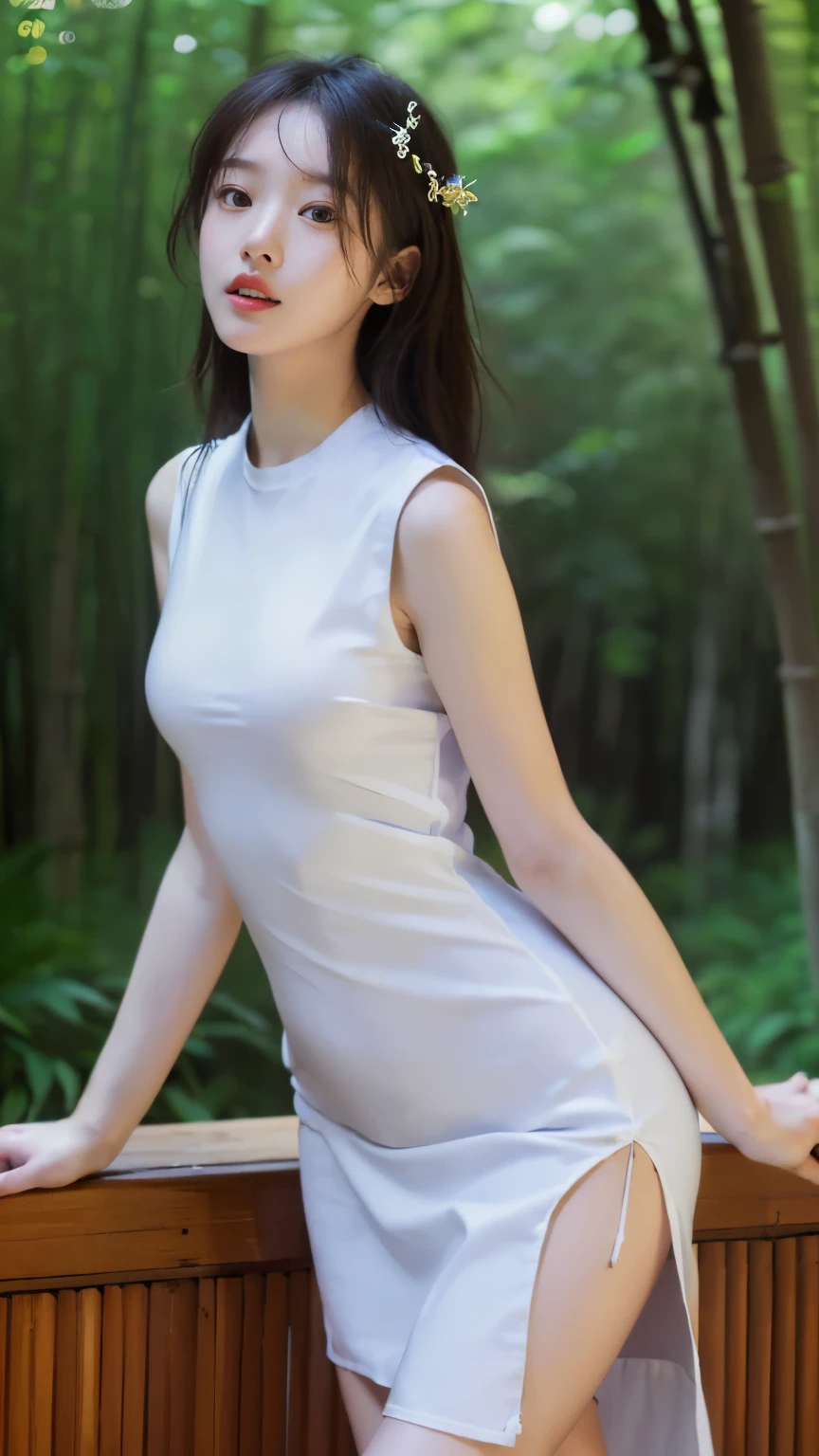 ((best quality, 8 thousand, masterpiece:1.4)), (1 woman), ((very small face:1.3)), masterpiece, best quality, very detailed, illustration, wide angle, alone, In the middle of a vast bamboo forest, whole body, 20's, (Cool tight dress:1.5), Panorama, center field, background, naturalistic, figurative, expressive, larger than average breasts,