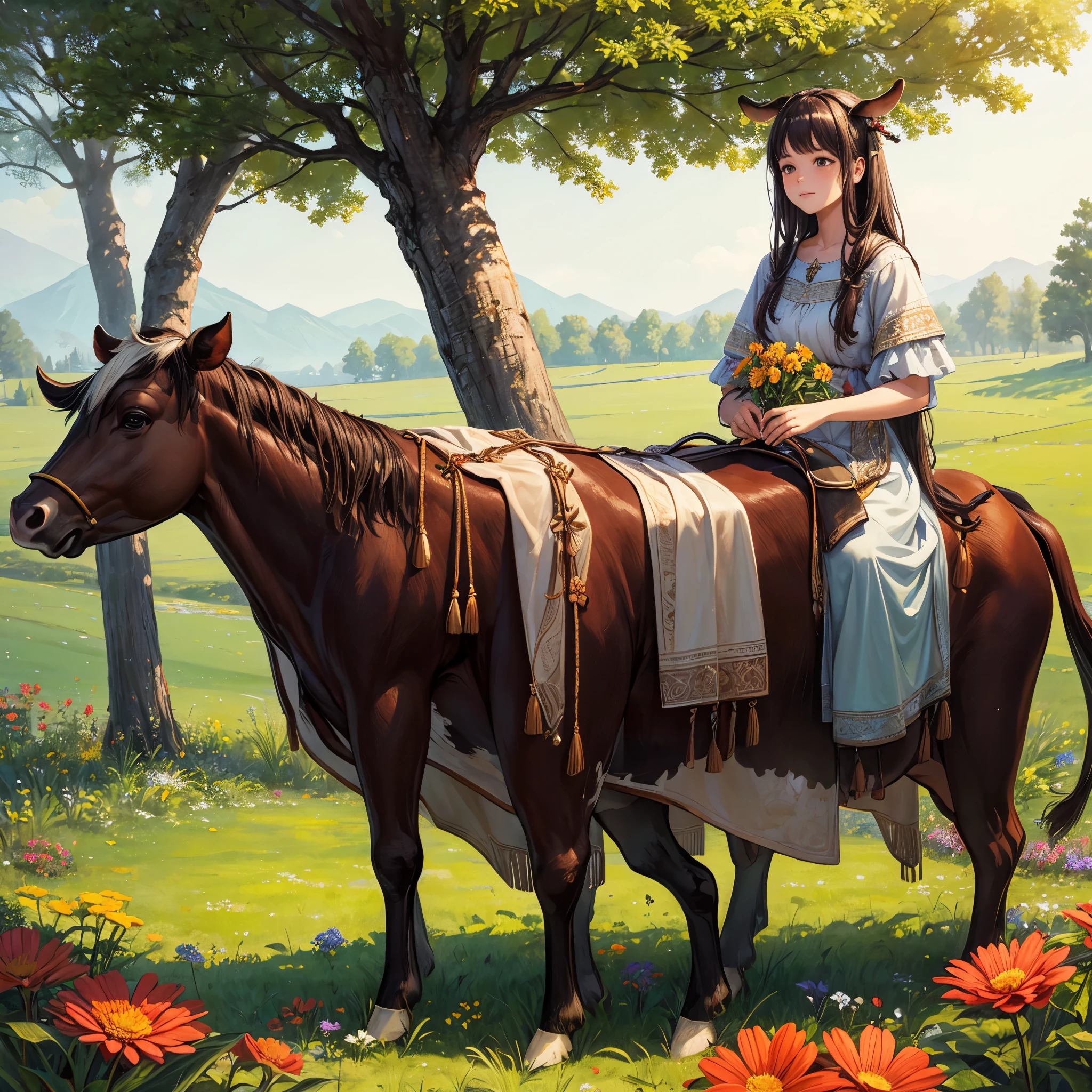 (best quality,realistic),nature,medium:brown oil painting,peaceful scene,dreamy atmosphere,warm sunlight,colorful flowers,soft grass,trees in the background,gentle breeze,endless beauty, cow ears, cow print dress,