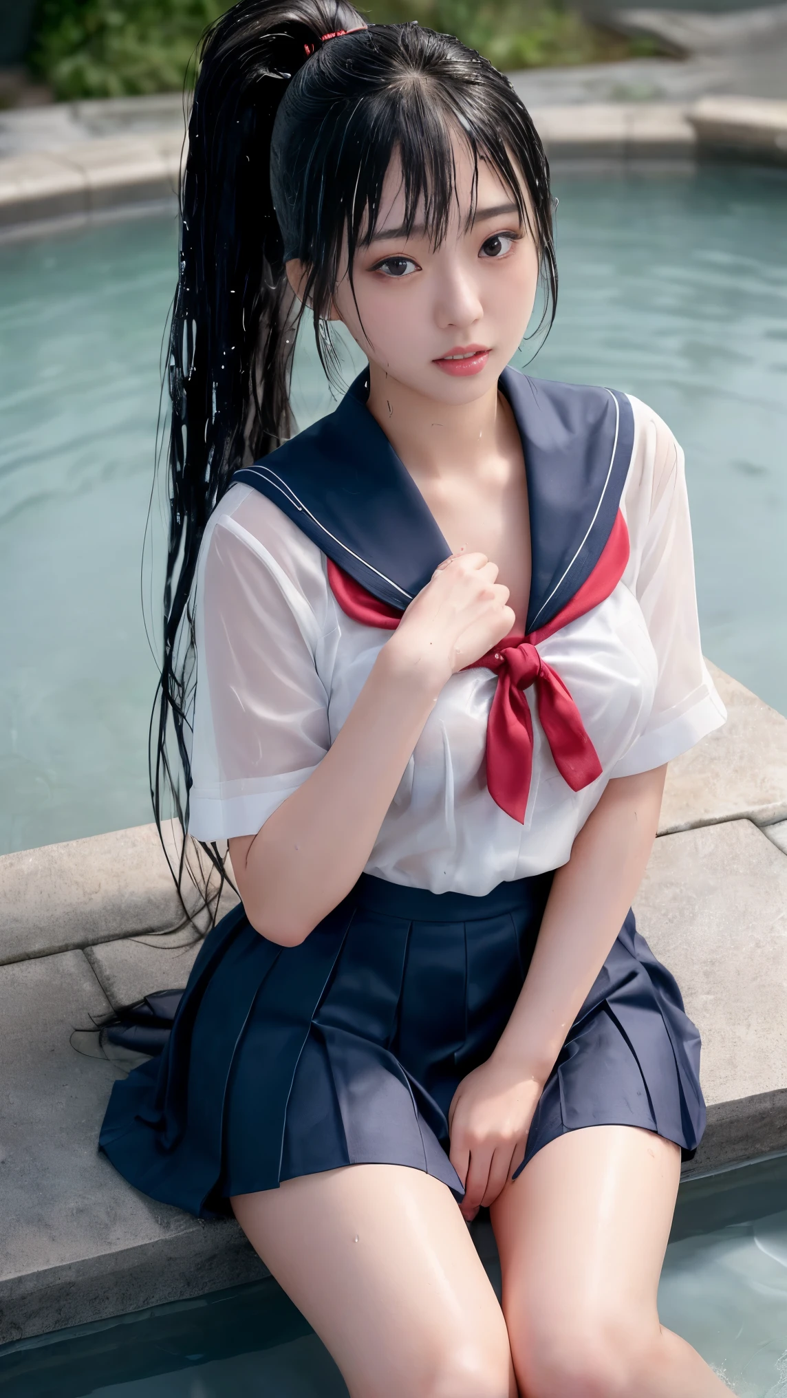 最high quality、high quality、best image quality、8k、最High resolution、High resolution、最high quality、masterpiece、RAW photo、whole body写真、Realistic human body in every detail、Realistic skin in every detail、Realistic face in every detail、Realistic eyes down to the details、Realistic lips in every detail、Realistic teeth in every detail、Realistic ears down to the last detail、Realistic hair down to the last detail、Realistic arms down to the last detail、Realistic reproduction of every detail、Realistic fingers in every detail、(fine hands、thumb１reference４)、Realistic feet in every detail、Realistic feet in every detail、Realistic breasts down to the last detail、((beautiful japanese girl))、(japanese model), (japanese woman)、((18 year old beautiful girl))、(black hair)、(straight hair)、(ponytail)、((whole body))、((beautiful upturned chest))、(stylish slim style)、(whole body光沢肌、Fair skin)、Detailed and realistic human body、detailed realistic skin、detailed realistic face、detailed realistic arms、detailed realistic fingers、Detailed realistic feet、detailed realistic breasts、sailor suit(Summer use)、sailor suit(Winter use)、sailor skirt、japanese school uniform、soft natural light、((school fountain square))、((Great Fountain、Fountain with powerful water gushing out))、((sit in front of the fountain(バックにGreat Fountainが見える))、((It gets wet and see-through(クロップトップsailor suit、Sailor Mini Skirt))、((bathing in fountain water(Soaked skin from head to toe))、((Water dripping from the skin))、((You can clearly see your body line even through the uniform.(My uniform gets wet and sticks to my skin))、((water dripping from uniform))、angle from below