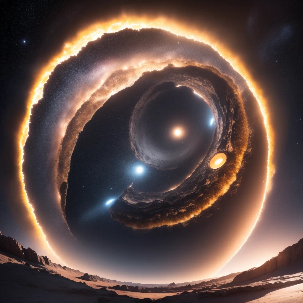 magic circle,magic circle,alien base (Very detailed) in desert mountains,There are several exhaust fans and chimneys, some spotlights coming out of the base,light up dark places, (extreme night), There are some clouds in the night sky, Some surrounding planets provide air to unknown planets,The farthest giant volcano is erupting,