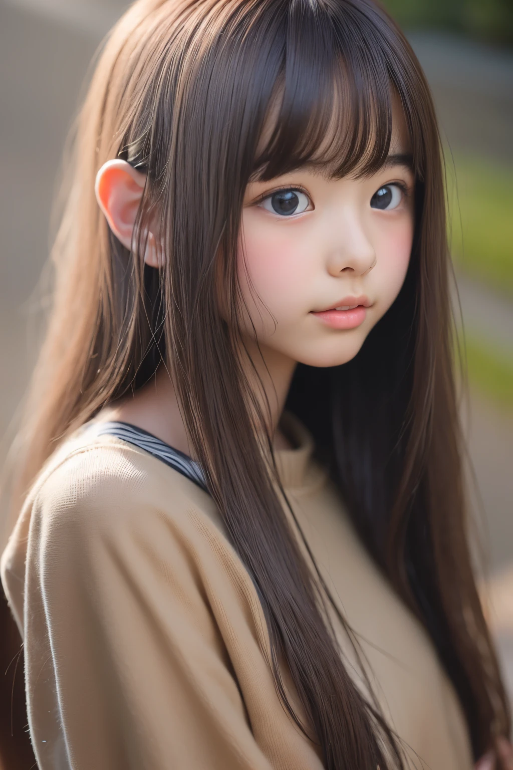 ((sfw: 1.4)), ((sfw, long-hair, sidelocks-hair, 1 Girl)), Ultra High Resolution, (Realistic: 1.4), RAW Photo, Best Quality, (Photorealistic Stick), Focus, Soft Light, ((15 years old)), ((Japanese)), (( (young face))), (surface), (depth of field), masterpiece, (realistic), woman, bangs, ((1 girl))