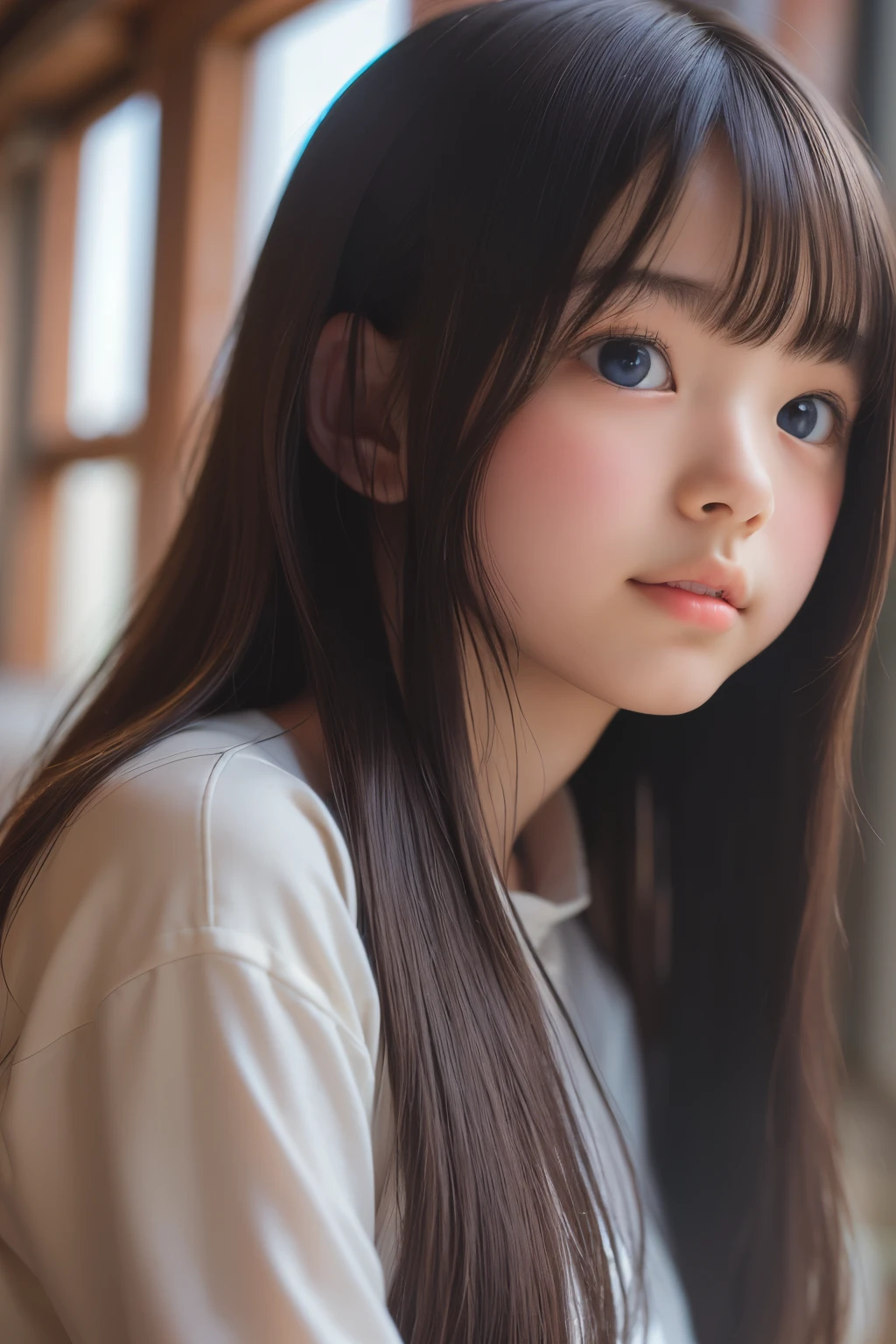 ((sfw: 1.4)), ((sfw, long-hair, sidelocks-hair, 1 Girl)), Ultra High Resolution, (Realistic: 1.4), RAW Photo, Best Quality, (Photorealistic Stick), Focus, Soft Light, ((15 years old)), ((Japanese)), (( (young face))), (surface), (depth of field), masterpiece, (realistic), woman, bangs, ((1 girl))