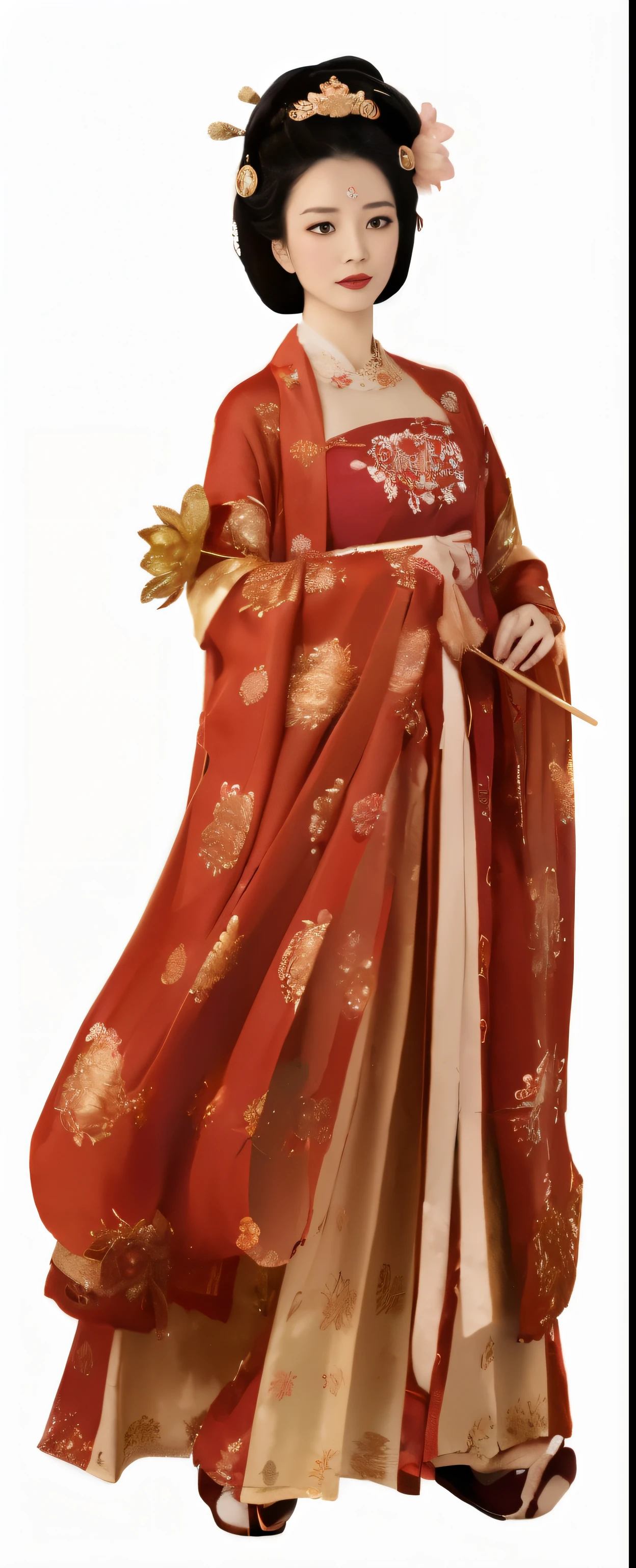 a woman in a red and gold dress and hat with a flower in her hand, hanfu, wearing ancient chinese clothes, chinese costume, ancient chinese princess, inspired by Tang Di, traditional chinese clothing, palace , a girl in hanfu, ao dai, ancient asian dynasty princess, tang dynasty, traditional tai costume, wearing a luxurious silk cloak