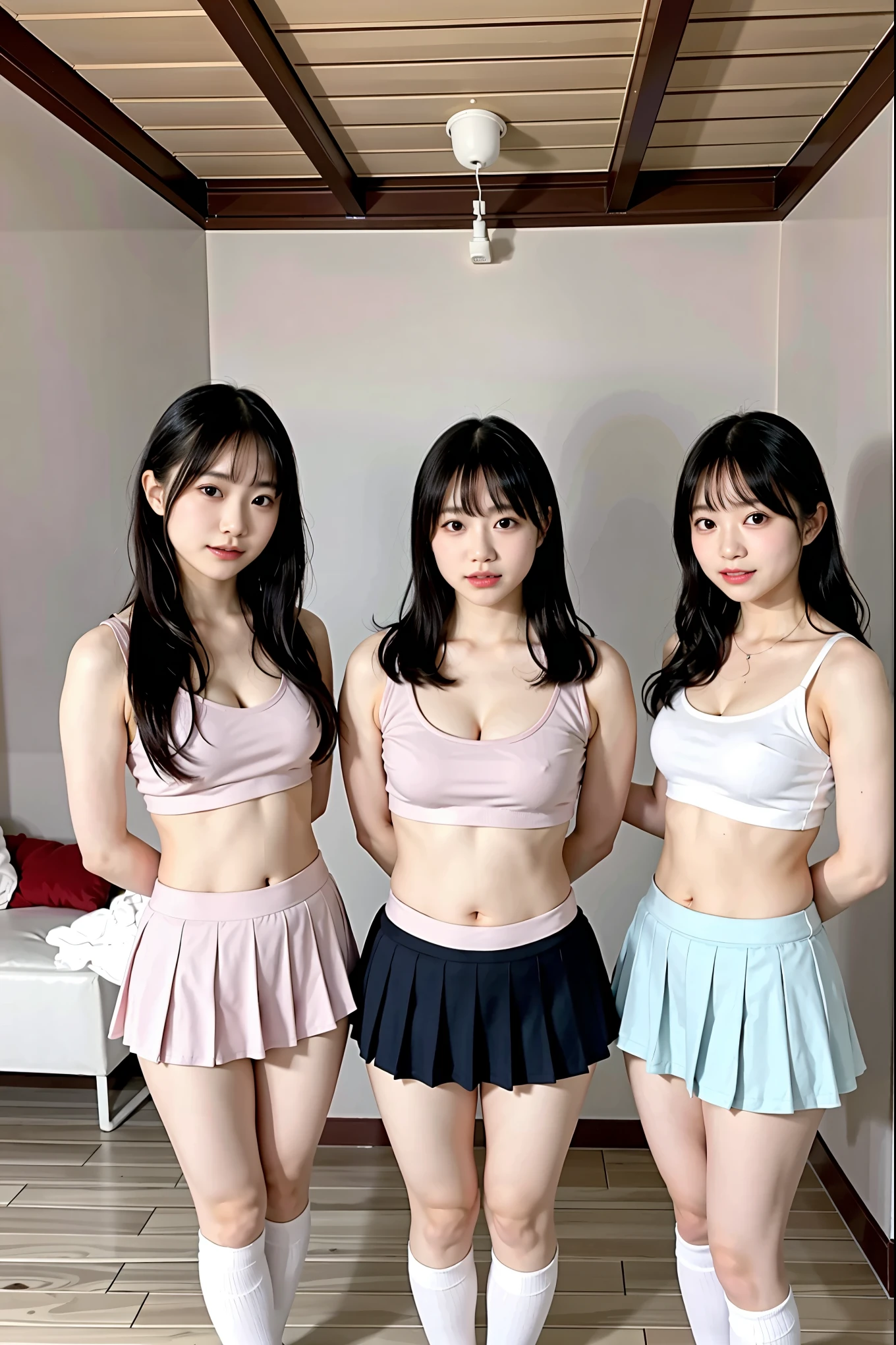 Standing in the living room, 3 beautiful cheergirls, looking at me, hiding her hands, wearing an iron collar, tank top brassiere, pleated micro mini skirt, long socks, brainwashed by me, submitting to me