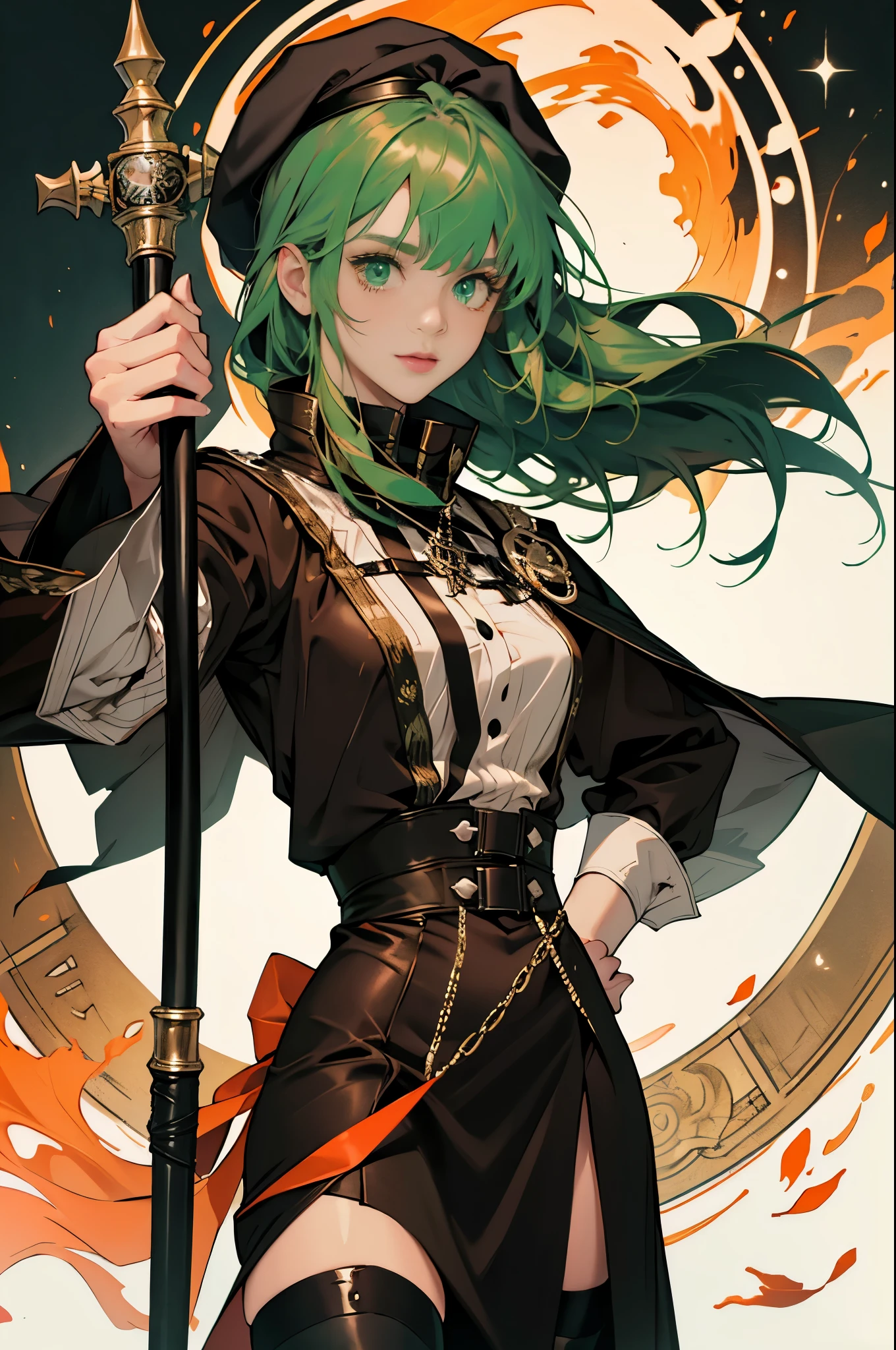 masterpiece, ultra detailed, 8k portrait, RAW photo, portrait photography, highly detailed face, beautiful and meticulous eyes, ((Fantasy)), Young beautiful, 22 years old, dynamic pose, (((Long Straight deep green hair))), ((One side is woven with orange ribbon)), blunt bangs, beret, White skin color, Luxury, hooded (((dark brown))) (((silk long cloak))) fluttering in the wind, (((dressed shirt))), (((silk maxi skirt))), leather corset, (((dark thigh high tights))), high cut leather boots, (((lift up long magical staff))), ((equip a pocket watch)), Midday Sun, hyper realistic, Body model, Small breasts, Beautiful breasts, Long legs, in the castle, Ambient lighting, Shadow details , Camera focus on face, strong breeze, Light fog