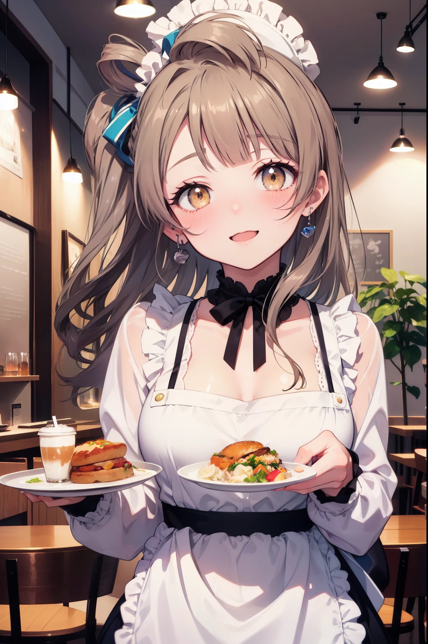 Kotori Minami, kotori minami, brown hair, (brown eyes:1.5),,one side up,open your mouth,smile,blush, hair ribbon, ribbon, long hair,headdress, dress, apron, looking at the viewer, clavicle, cute, smile, open your mouth, alone, long sleeve, indoor, Cafe, remainder, food, drink, table and chairs, cleaning, tray, tray in one hand
break looking at viewer,
break indoors, coffee shop, 
break (masterpiece:1.2), highest quality, High resolution, unity 8k wallpaper, (figure:0.8), (detailed and beautiful eyes:1.6), highly detailed face, perfect lighting, Very detailed CG, (perfect hands, perfect anatomy),