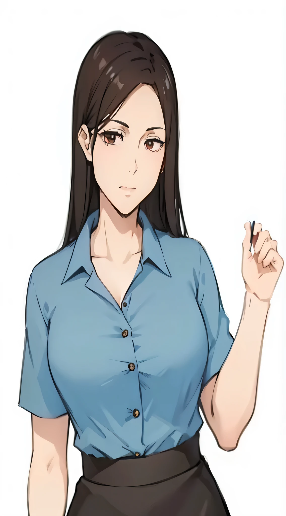 Woman in blue shirt and black skirt holding cigarette, Beichuan Ma Lin fan art, actual , female anime characters, anya from spy x family, wearing shirt, Attractive anime girl, auburn, as an anime characters, casual gesture, adult characters, actual young anime girl, anime characters, anime woman, only, seductive anime girl