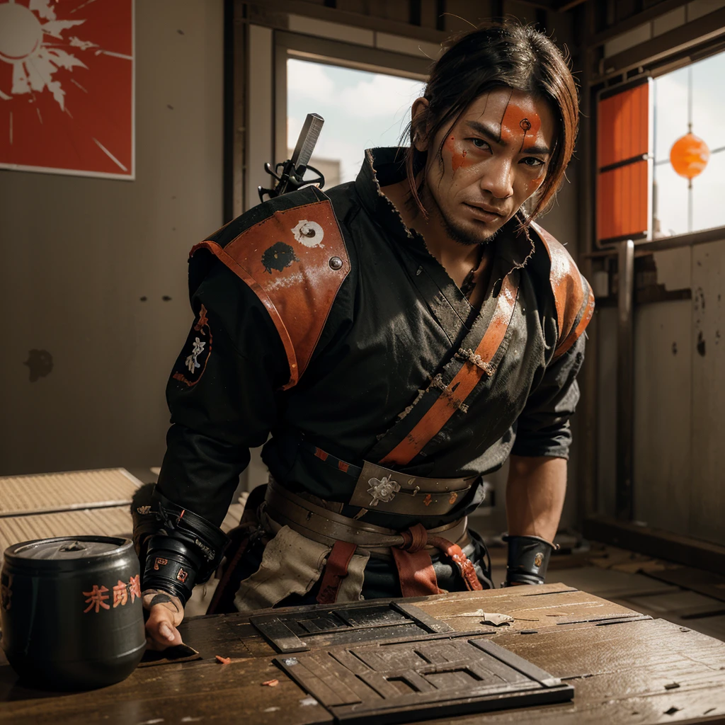 A battered cyborg samurai, with obvious damage, is facing off against the evil boss Mecha ninja in an urban decay setting. The scene unfolds with intense energy as the cyborg samurai prepares to engage in an epic battle. The cyborg samurai stands tall, emanating a sense of perseverance and determination. The surface of its body reveals the wear and tear of countless battles, with battle scars and damaged armor adding to its fierce appearance. The cyborg samurai possesses a blend of futuristic technology and ancient samurai aesthetics, embodying the spirit of traditional Japanese warriors in a cybernetic form. The color scheme of the cyborg samurai showcases elements of the traditional Japanese culture, with a focus on vibrant and contrasting hues. The color palette includes rich reds, deep blues, and vibrant gold, representing the iconic Japanese color scheme. These colors add an exquisite touch to the visuals, creating a sense of authenticity and cultural significance. On the other side, the evil boss Mecha ninja stands in a purple chrome color scheme, exuding an aura of mystery and power. The purple chrome finish highlights the ninja's advanced technological enhancements, giving it an otherworldly appearance. The Mecha ninja's design is sleek and agile, with sharp edges and an intimidating presence. The urban decay setting adds a gritty and dystopian atmosphere to the scene. The backdrop is filled with dilapidated buildings, overgrown vegetation, and decaying infrastructure, signifying the aftermath of a once-bustling city. The crumbling structures and faded graffiti emphasize the sense of abandonment and desolation. In terms of image quality, the prompt demands the highest standards. The generated image should possess the best quality, with a resolution of 4k or 8k. The level of detail should be ultra-detailed, approaching photorealism. The lighting should be carefully designed, with studio lighting techniques enhancing the overall impact of the image. The co
