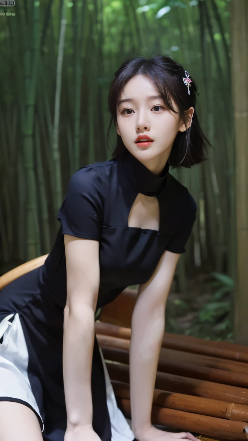 ((best quality, 8 thousand, masterpiece:1.4)), (1 woman), ((very small face:1.3)), masterpiece, best quality, very detailed, illustration, wide angle, alone, In the middle of a vast bamboo forest, whole body, 20's, (Cool tight dress:1.5), Panorama, center field, background, naturalistic, figurative, expressive, larger than average breasts,