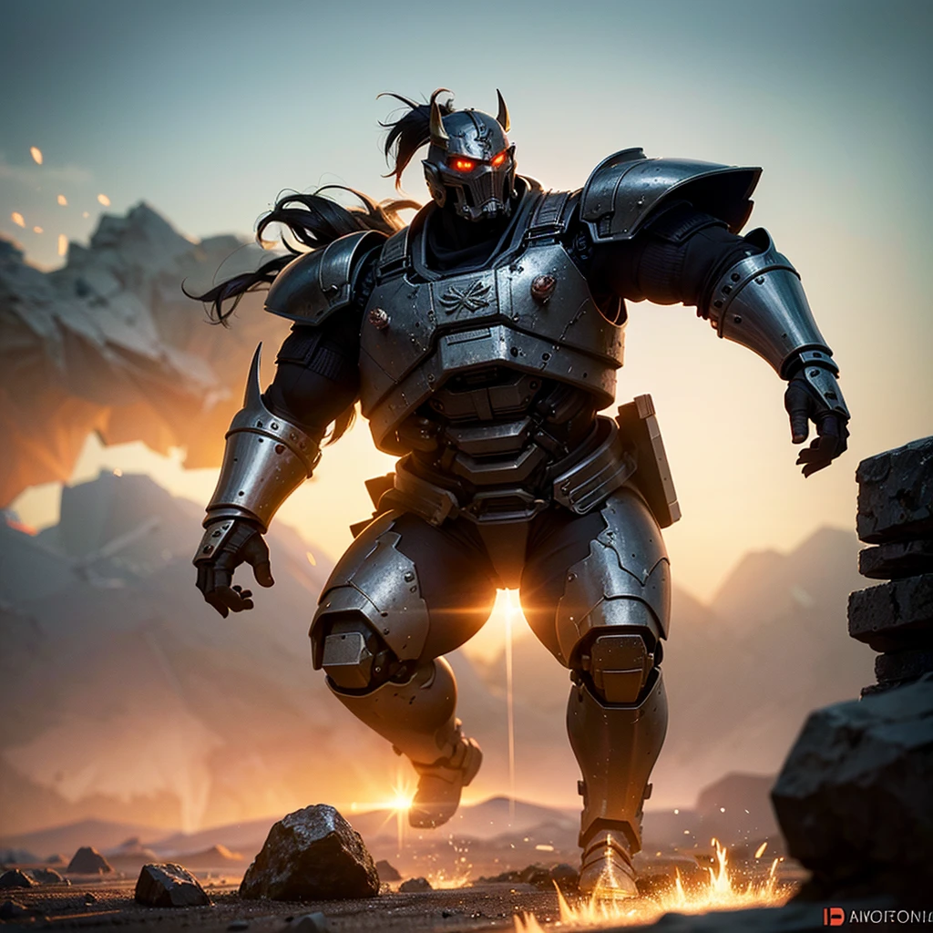 In a dystopian world where technology meets ancient traditions, a fearless cyborg samurai stands tall, adorned with battle scars and battle-worn armor. His body shows the wear and tear of countless battles, highlighting his resilience and determination. The rising sun shines behind him, casting a warm and vibrant color scheme upon the scene. The shattered remains of his enemies strewn across the battleground, emphasizing the magnitude of his past conquests. With a firm grip on his well-worn katana, the cyborg samurai braces himself for the ultimate battle, facing insurmountable odds. Every inch of his metallic body glistens under the intense sunlight, showcasing his otherworldly strength. As the winds howl and the dust settles, the battle begins, and the fate of the world hangs in the balance.

(best quality,4k,8k,highres,masterpiece:1.2),ultra-detailed,(realistic,photorealistic,photo-realistic:1.37),cyborg samurai,damaged and battered armor,battle scars,rising sun color scheme,rubble and debris,shattered enemies,fierce determination,ancient traditions,metallic body,glimmering katana,onslaught of enemies,dystopian backdrop,intense sunlight,howling wind,world-saving battle.