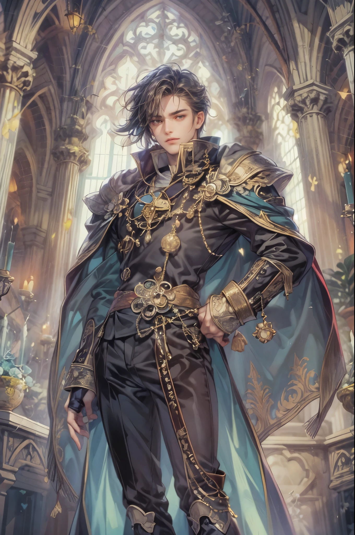 ((Best quality)), ((masterpiece)), (detailed), ((perfect face)), ((halfbody)) handsome face, male, teen boy, perfect proportions , a character from anime legend of mana teardrop crystal, obsidian hair, short hair, male version , gnostic church of domina scene, gnostic church of domina background, gnostic ghibli scenery background