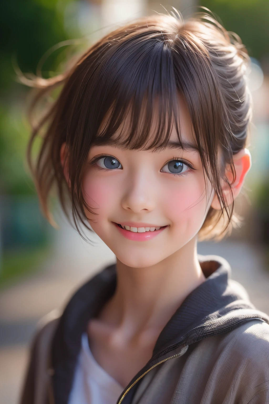 ((sfw: 1.4)), ((sfw, short hair, sidelocks-hair, light smile, 1 Girl)), Ultra High Resolution, (Realistic: 1.4), RAW Photo, Best Quality, (Photorealistic Stick), Focus, Soft Light, ((15 years old)), ((Japanese)), (( (young face))), (surface), (depth of field), masterpiece, (realistic), woman, bangs, ((1 girl))