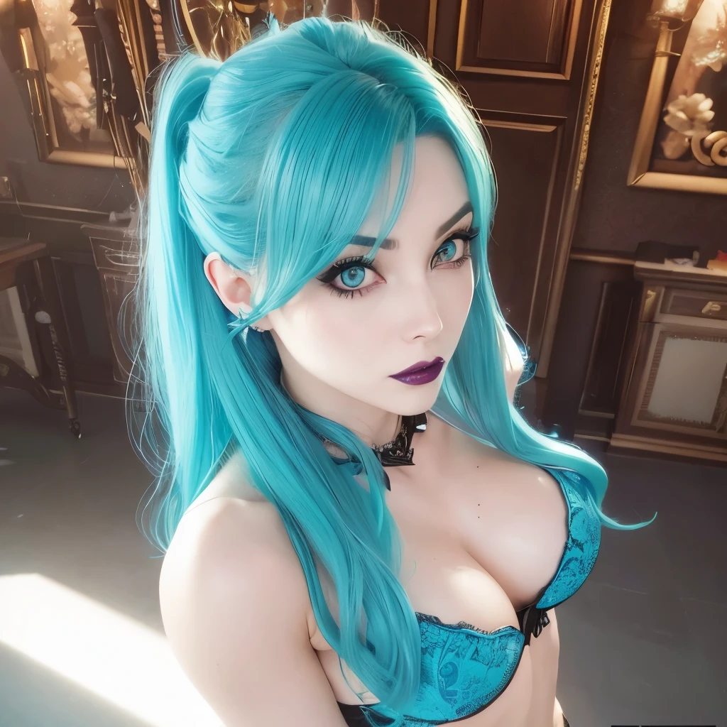 a woman with blue hair and a black bra top posing for a picture, extremely detailed artgerm, cyan corset, amouranth, beautiful blue haired girl, jinx from league of legends, seductive anime girl, 3 d anime realistic, realistic anime 3 d style, better known as amouranth, jinx from arcane, portrait of jinx from arcane, black lips