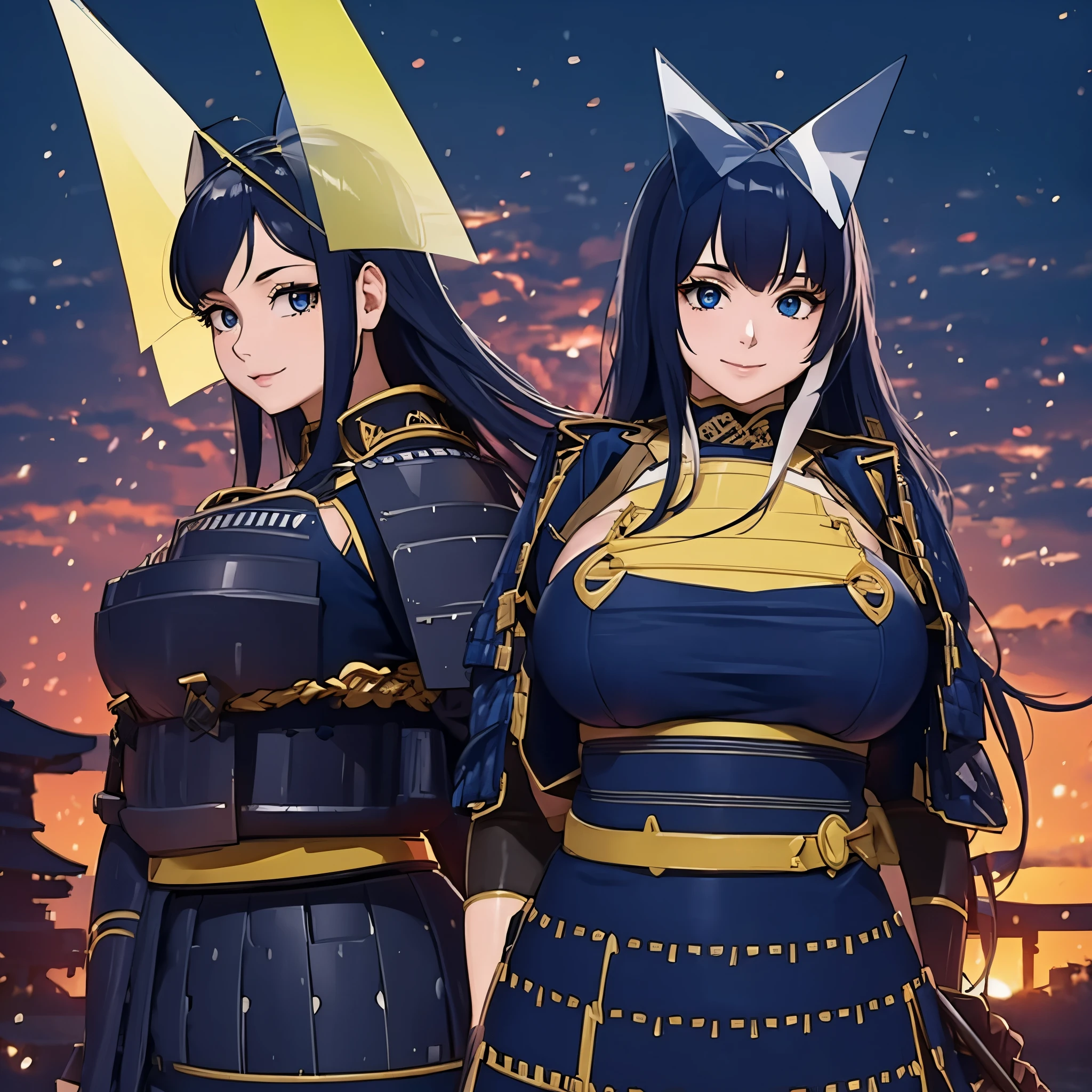 a woman in heavy samurai armor, long navy blue hair, big breast, blue eyes outside a samurai castle at night, smiling