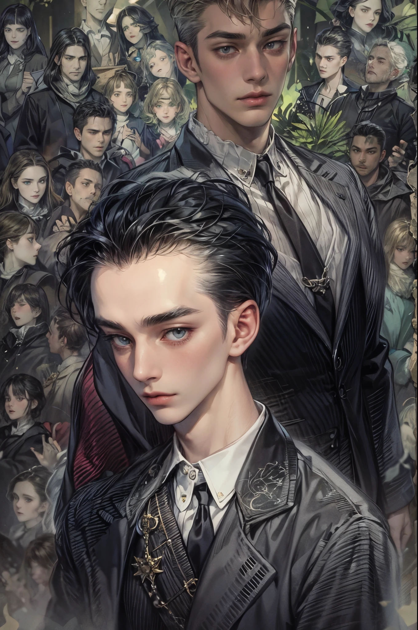 ((Best quality)), ((masterpiece)), (detailed), ((perfect face)), ((halfbody)) handsome face, male, teen boy,  perfect proportions , a male version character from the addams family, short hair, male version, detailed eerie background, detailed eerie scenery 