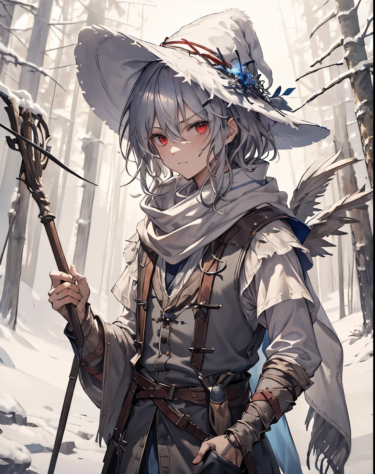 masterpiece, 1men, sparrow, a silver  haired men, wearing a blue medieval villager clothes, curly medium hair, messy hair, slim body, wearing adventurer clothes, he close her left eye, shirt ornament, angry expression, red eyes, stand at snowy forest, ahoge, white witch hat, grey vest, baby face, shawl