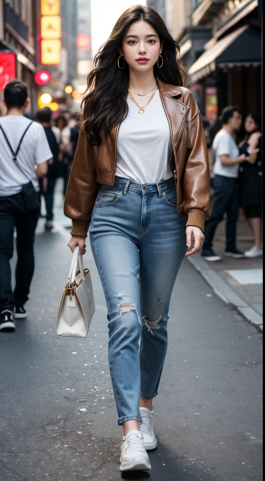 Generate a digital image of a beautiful 22 year woman with long, wavy black hair, confidently striding down a bustling city street.
She wears high-waisted, dark wash jeans that hug her curves and a fitted white t-shirt tucked in at the waist.
Over the t-shirt, she has a brown leather bomber jacket with a slight vintage vibe.
Accessorize her with gold hoop earrings, a delicate gold necklace, and white sneakers.
The background should be a vibrant cityscape filled with neon signs, bustling crowds, and towering skyscrapers.
Use a low-angle shot that emphasizes her confident stride and stylish outfit.
Apply a subtle vignette effect to draw focus towards her and blur the background slightly.