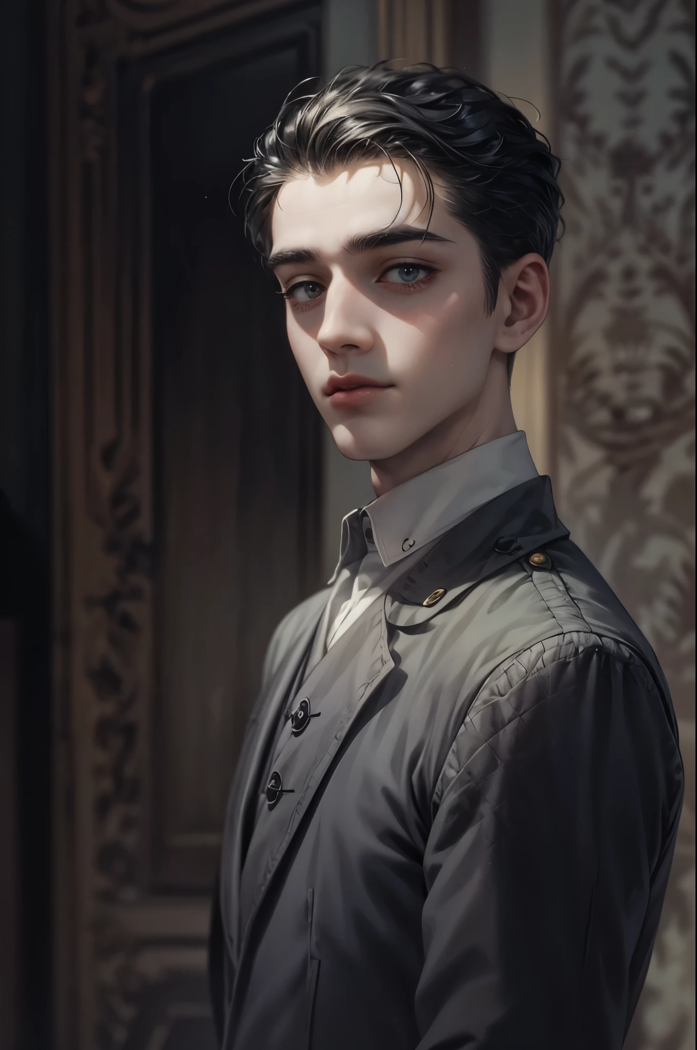 ((Best quality)), ((masterpiece)), (detailed), ((perfect face)), ((halfbody)) handsome face, male, teen boy,  perfect proportions , a male version character from the addams family, short hair, male version, detailed eerie background, detailed eerie scenery 