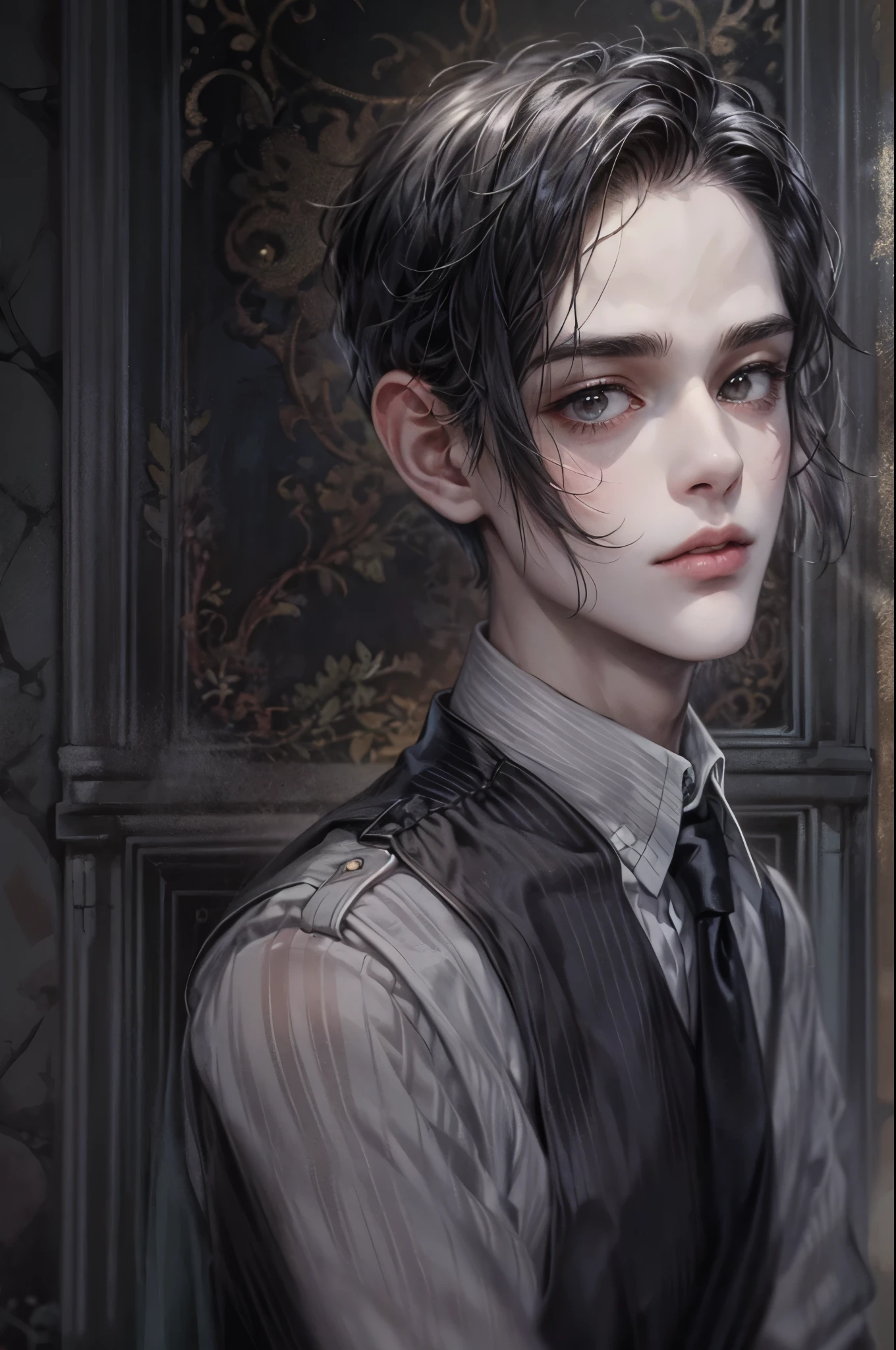 ((Best quality)), ((masterpiece)), (detailed), ((perfect face)), ((halfbody)) handsome face, male,  boy,  perfect proportions , a male version character from the addams family, short hair, male version, detailed eerie background, detailed eerie scenery 