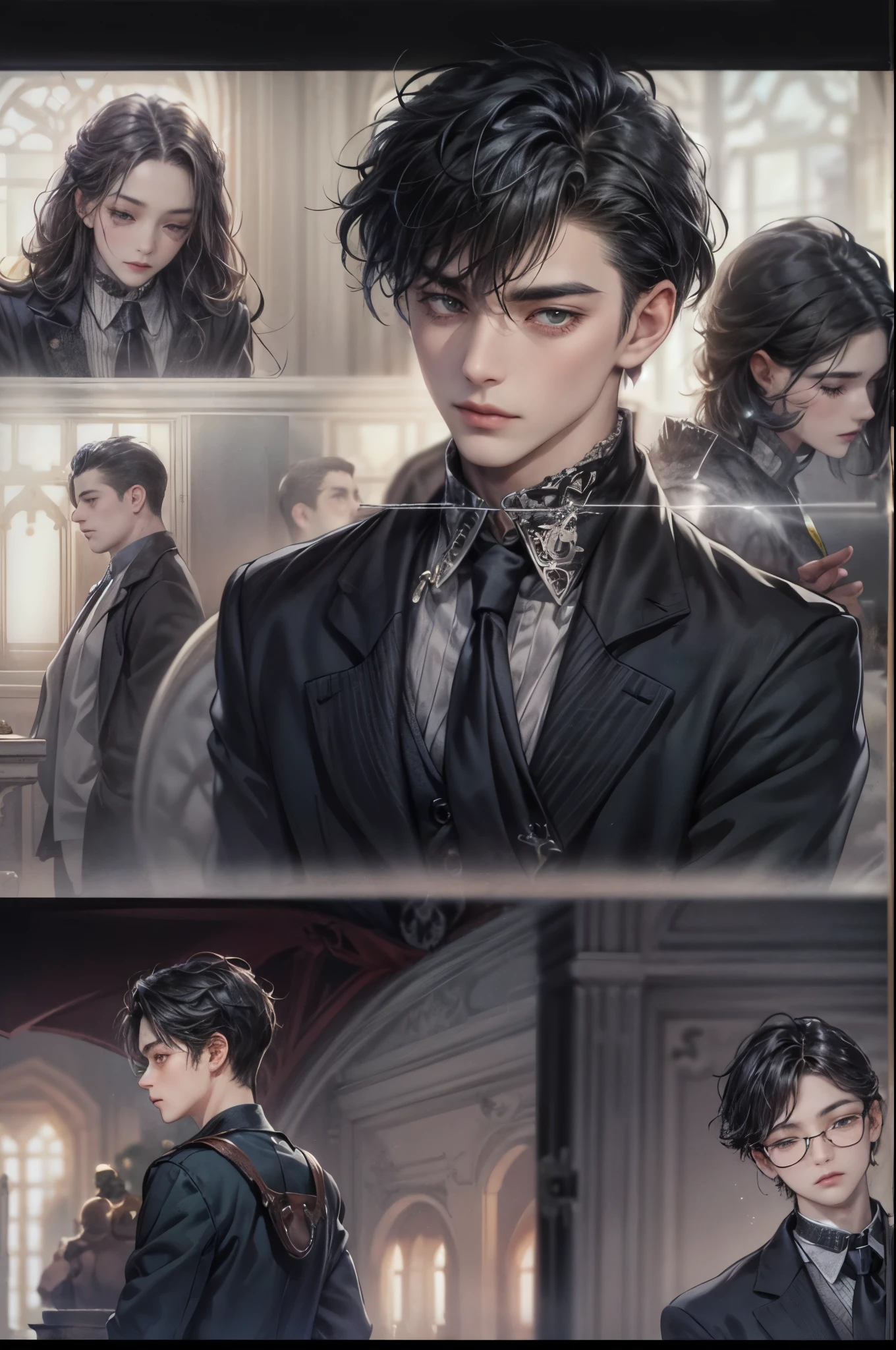 ((Best quality)), ((masterpiece)), (detailed), ((perfect face)), ((halfbody)) handsome face, male, teen boy, perfect proportions , a male version character from the addams family, short hair, male version, detailed eerie background, detailed eerie scenery