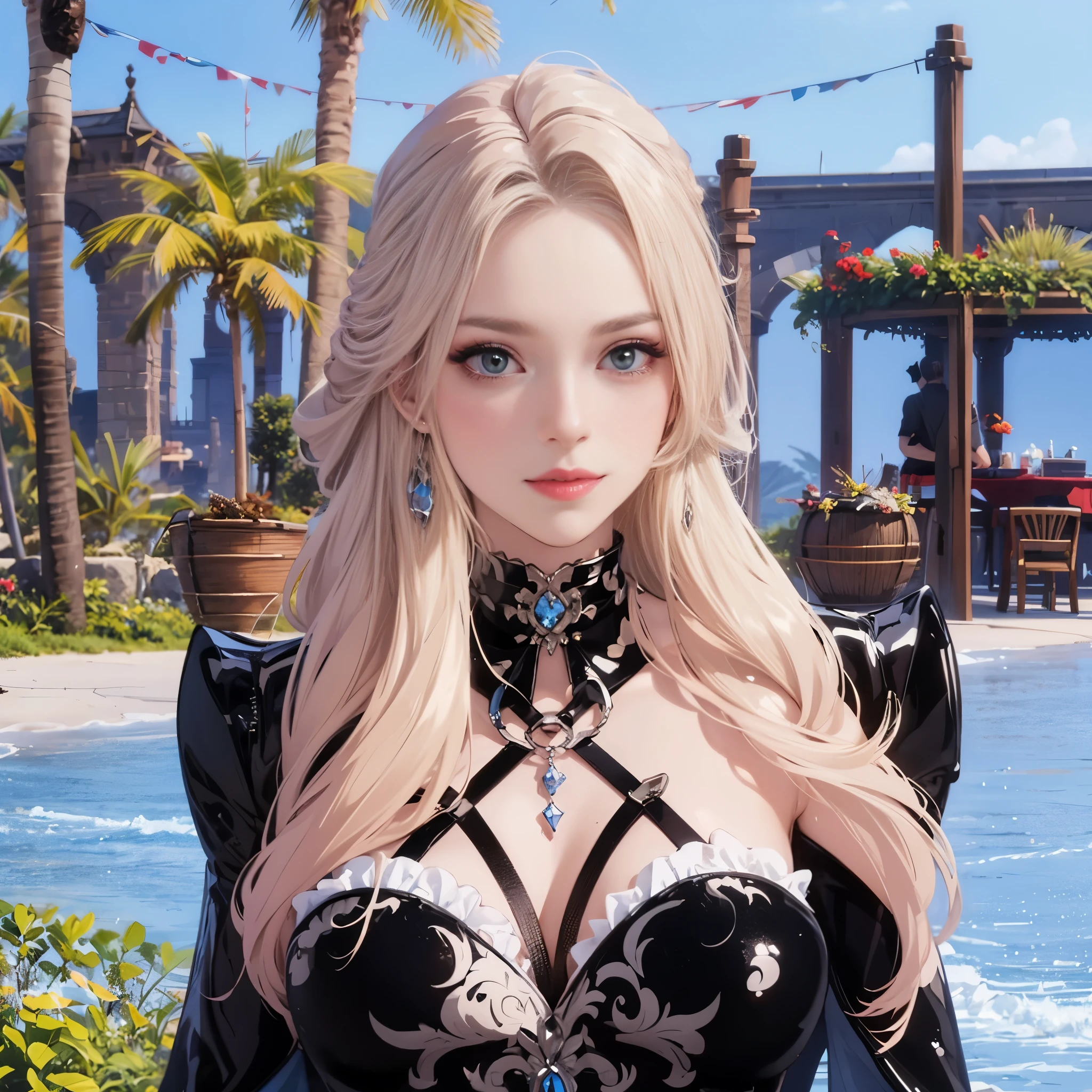 un gros plan d&#39;une femme vêtue d&#39;une robe noire debout devant un plan d&#39;eau, lineage revolution style 2, 8,000 character details, armure noire pâle, Long white hair detailed, with a very detailed face, long detailed black hair, Pale milky white porcelain skin, white skin and pale porcelain, longs cheveux éthérés brillants, female character, very detailed character