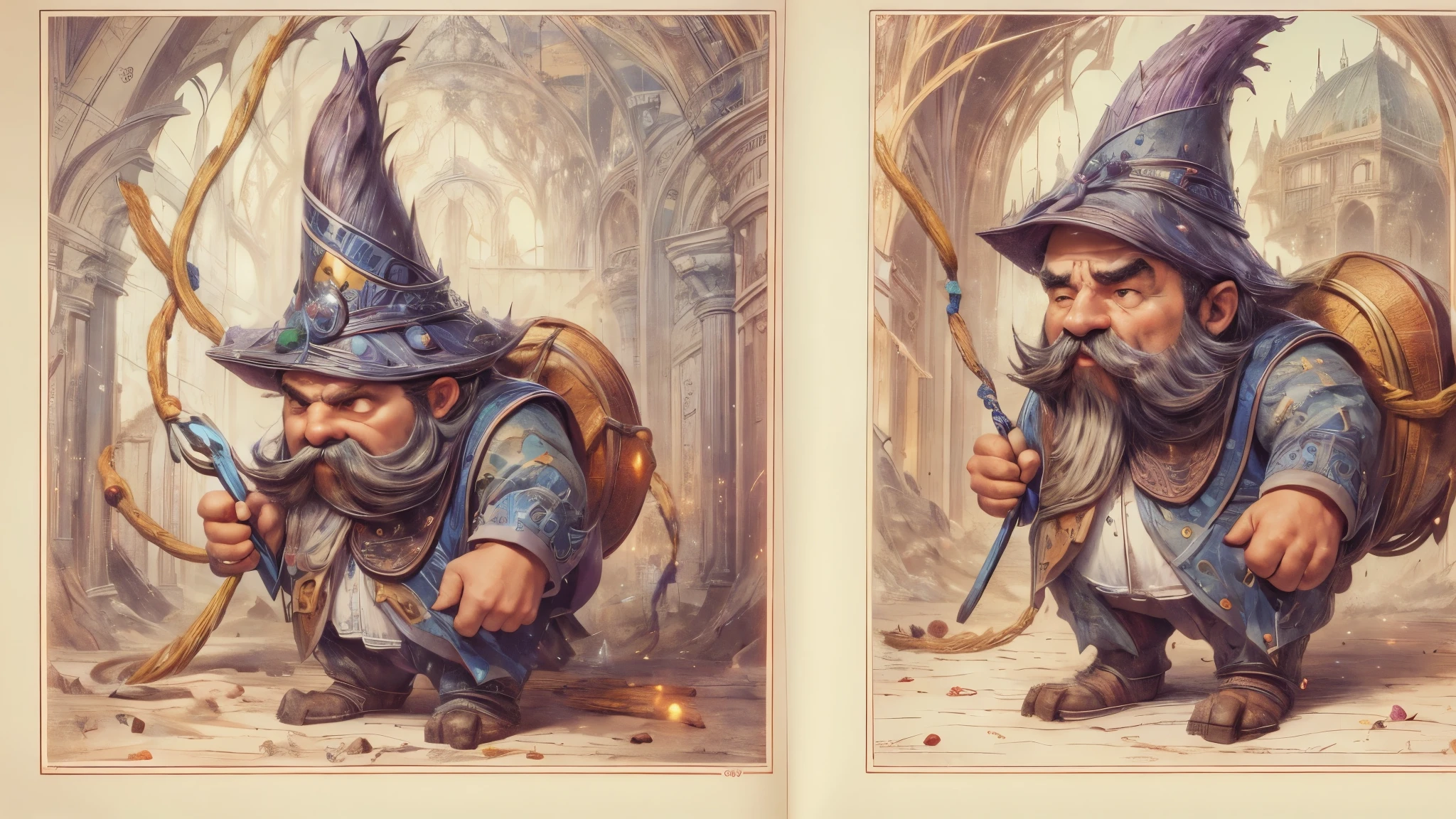 (master piece), 8k, best quality, Book illustration,gnomo, 40 centimeters tall, gordinho, barba branca cheia e um bigode grande, purple pointed hat, aprisionado, held by force with a rope