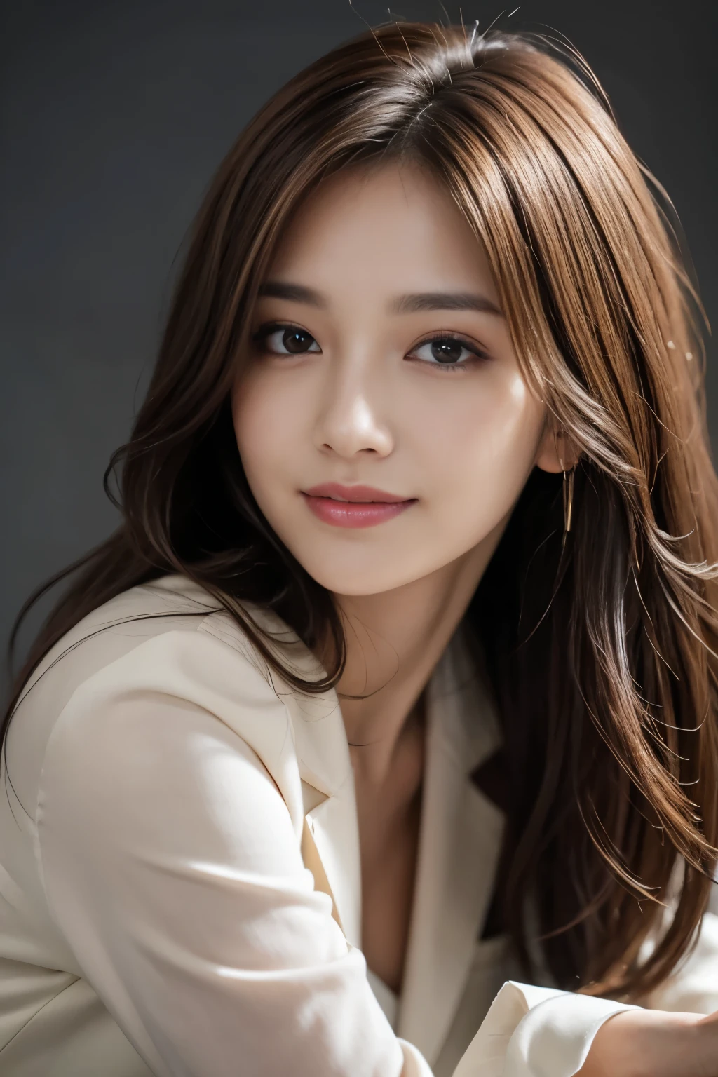 on the table, best quality, actual, super detailed, finely, high resolution, 8k wallpaper, 1 beautiful woman,, light brown messy hair, wearing a suit, sharp focus, Perfect dynamic composition, finelyて美しい目, thinning hair, Detailed and actual skin texture, Smile, closeup portrait, model figure