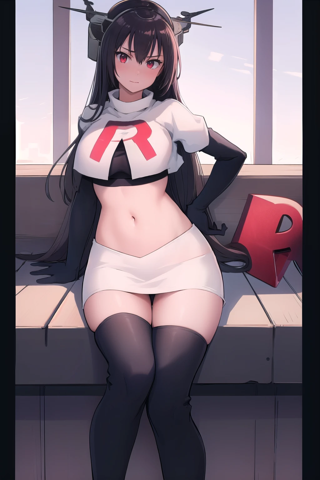 (masterpiece, best quality:1.2),illustration,8k,hd,1girl,solo,black_hair,long_hair,red_eyes,large_breasts,hair_between_eyes,headgear,navel,team rocket,team rocket uniform,white skirt,crop top,black thigh-highs,black elbow gloves,