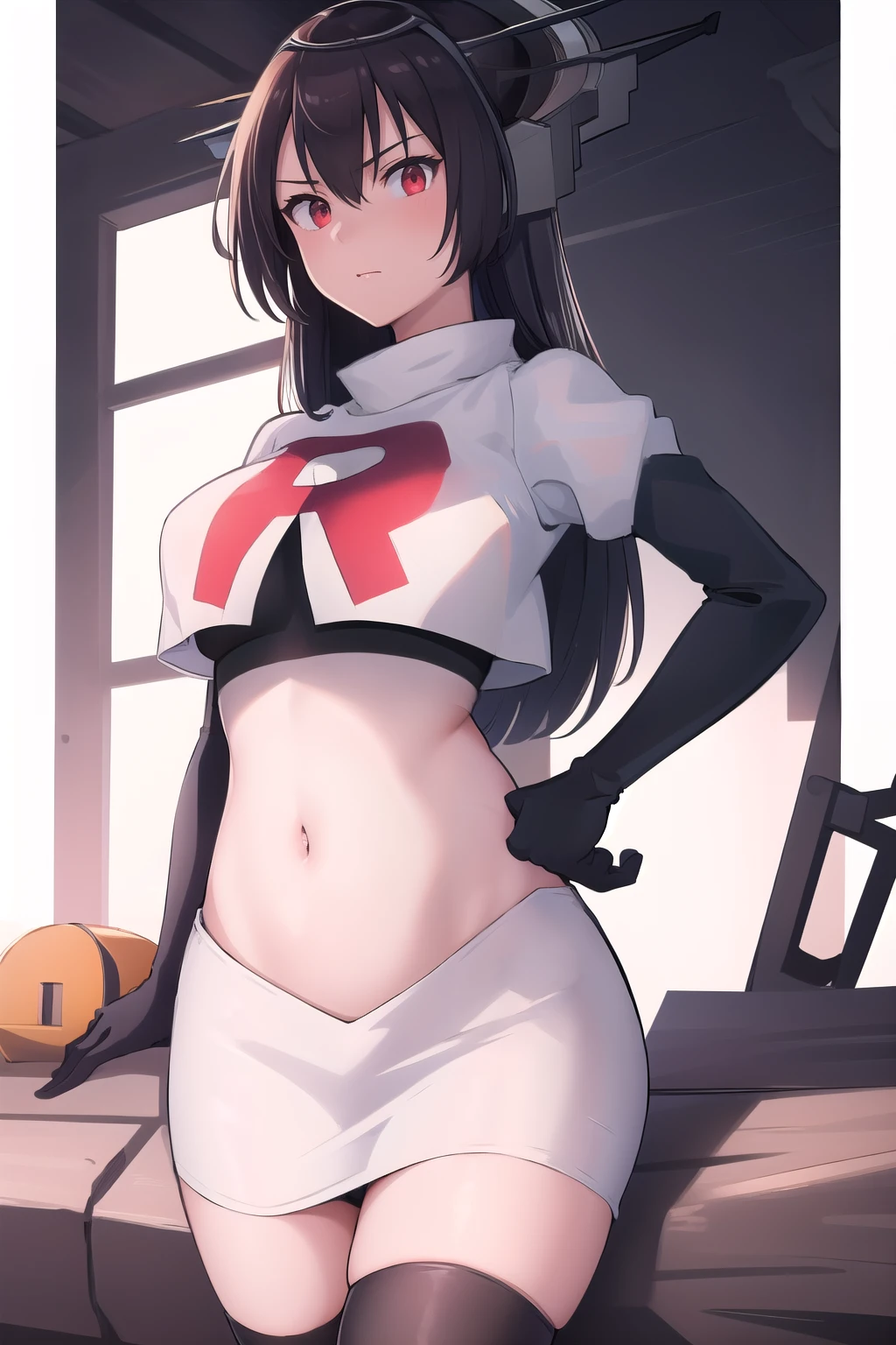 (masterpiece, best quality:1.2),illustration,8k,hd,1girl,solo,black_hair,long_hair,red_eyes,large_breasts,hair_between_eyes,headgear,navel,team rocket,team rocket uniform,white skirt,crop top,black thigh-highs,black elbow gloves,