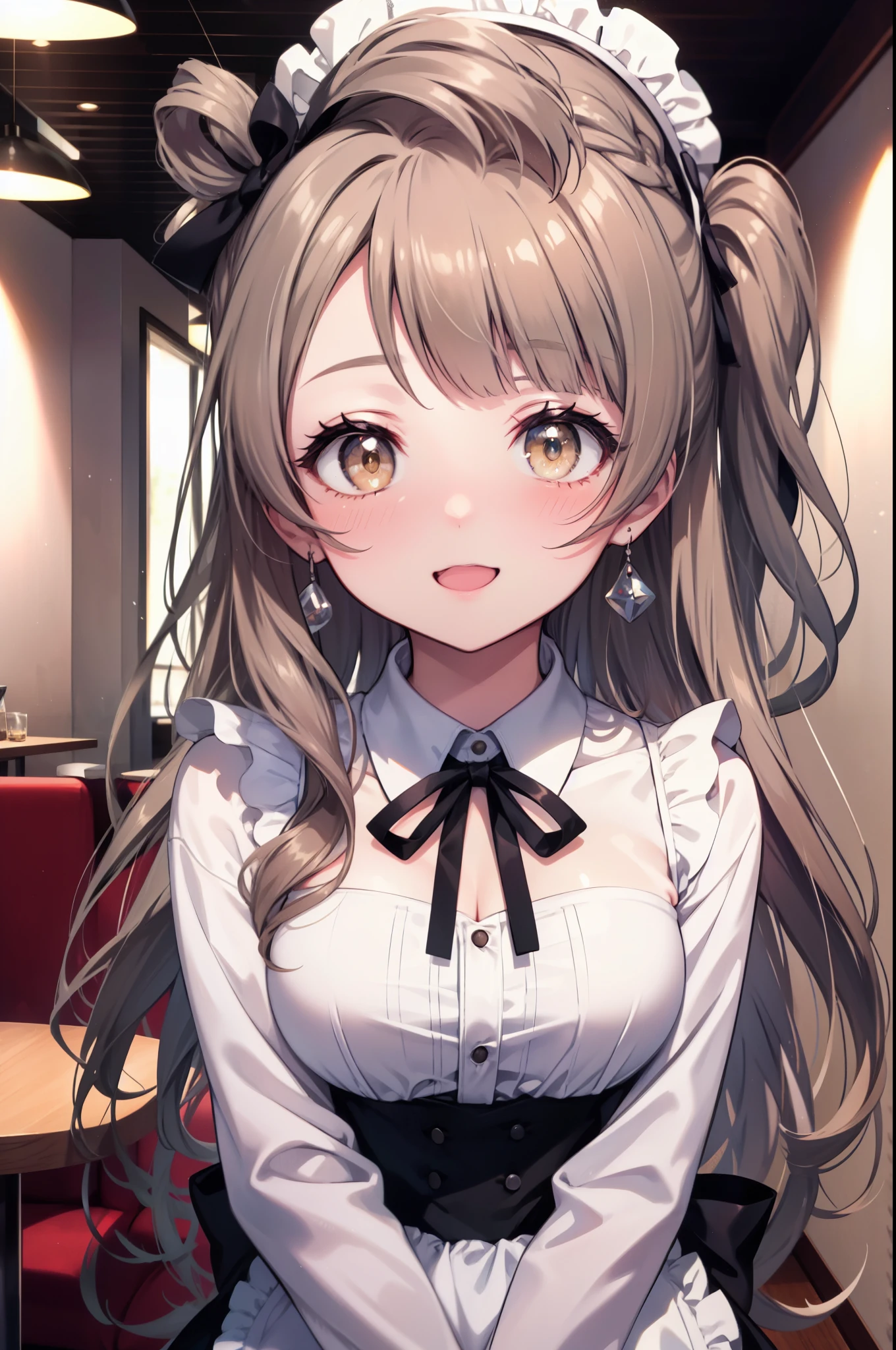 Kotori Minami, kotori minami, brown hair, (brown eyes:1.5),,one side up,open your mouth,smile,blush, hair ribbon, ribbon, long hair,headdress, dress, apron, looking at the viewer, clavicle, cute, smile, open your mouth, alone, long sleeve, indoor, Cafe, remainder, food, drink, table and chairs, cleaning, tray, tray in one hand
break looking at viewer,
break indoors, coffee shop, 
break (masterpiece:1.2), highest quality, High resolution, unity 8k wallpaper, (figure:0.8), (detailed and beautiful eyes:1.6), highly detailed face, perfect lighting, Very detailed CG, (perfect hands, perfect anatomy),