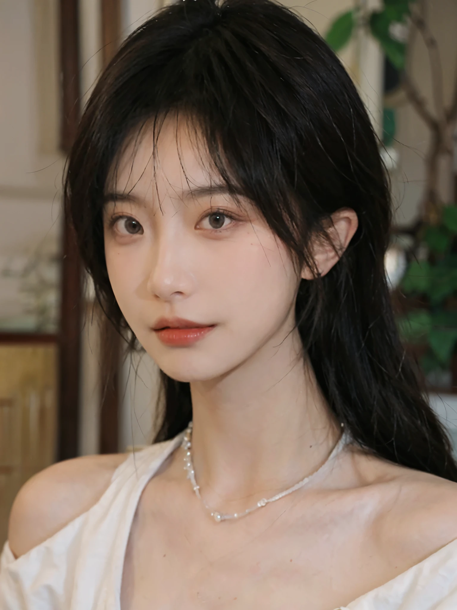 Film portrait photography, 1 girl, bare shoulders,lipstick,(flat chest:1.4), Shoulder length wavy hair, wear necklace,headband,earrings,short sleeves,serene, calm, (Realistic and detailed eyes, natural skin texture, Realistic facial details), Soft dramatic lighting, depth of field, Bokeh, Vibrant details, Detailed and detailed, surreal, 35mm film, hazy, ,